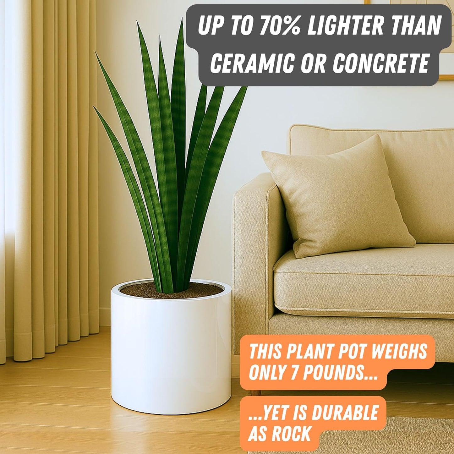 Fox & Fern Large 12 Inch Planter — Premium Lightweight Fiberstone Glossy White Plant Pot; Drainage Plug; Large Indoor & Outdoor Floor Planter; 12 Inch Pots for Plants; Weather Resistant & UV Resistant