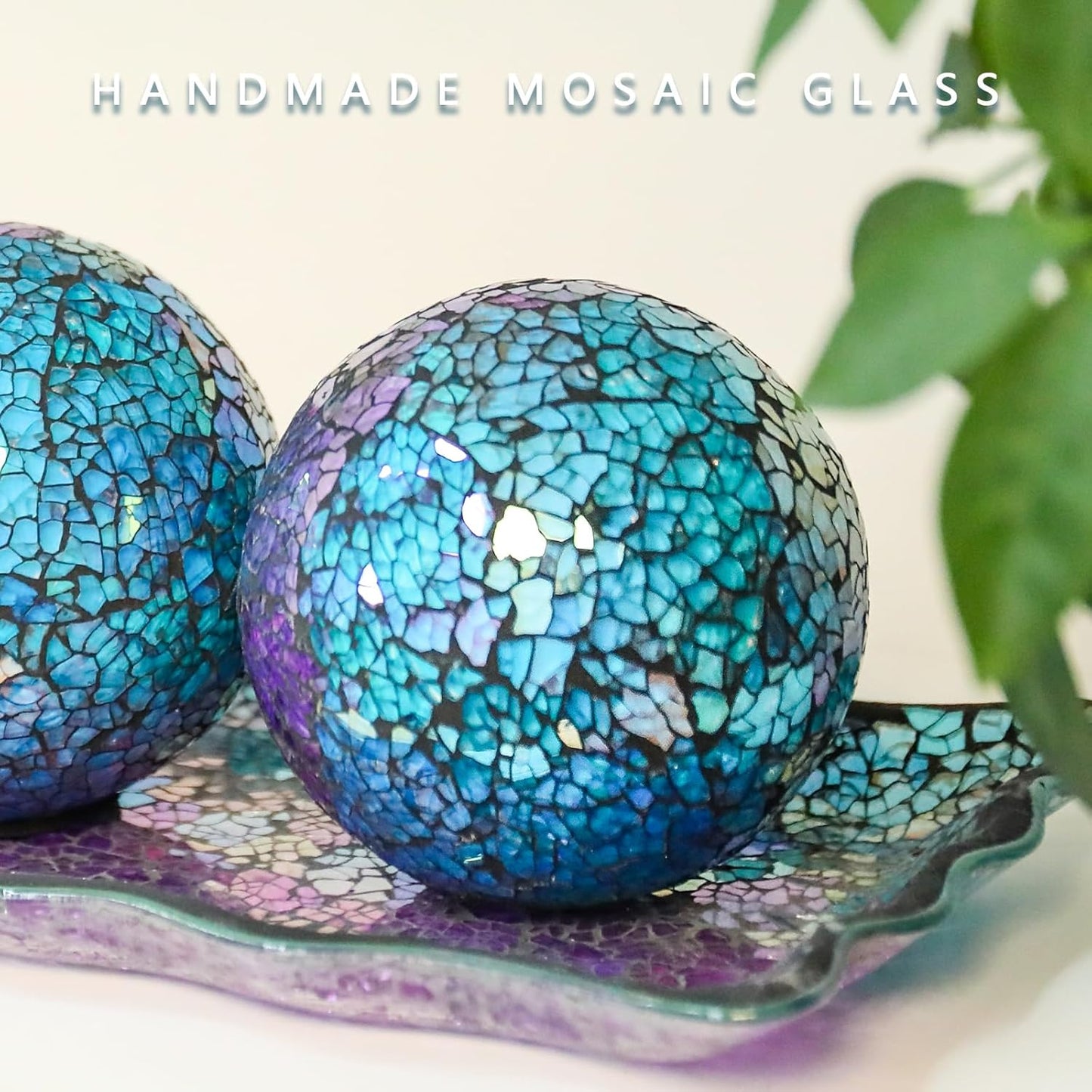 VCUTEKA Decorative Balls and Glass Bowl, 4 Inch Mosaic Sphere Balls Centerpiece Balls for Coffee Table, Home Decor, Wedding Party Decor, Purple