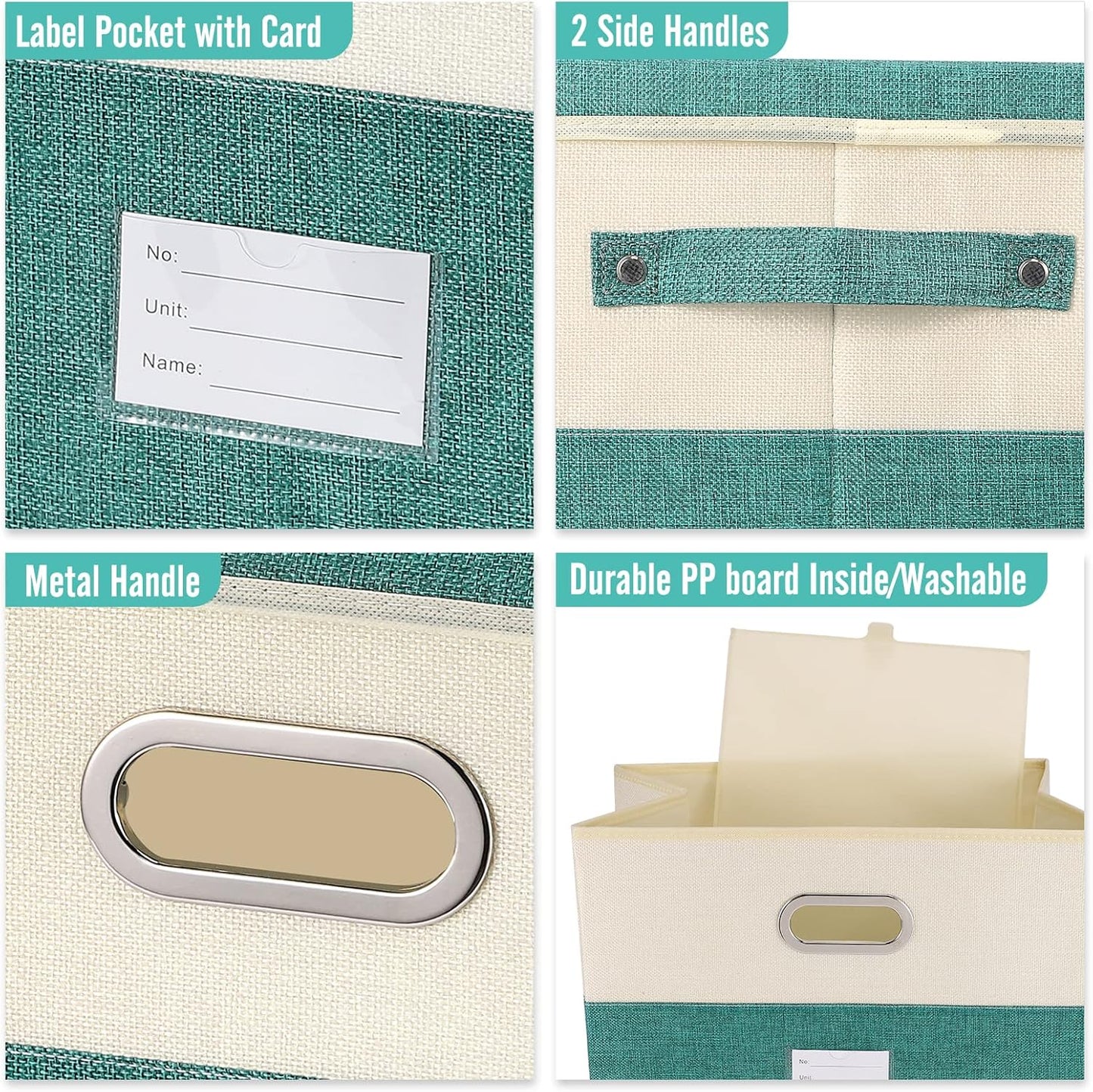 Large Linen Fabric Foldable Storage Bins with Removable Lid and Handles, Washable Storage Box Organizer Containers Baskets Cube with Cover for Bedroom,Closet,Office (Turquoise&Cream, Large)