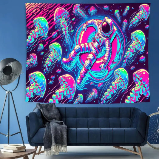 BlissYard Blacklight Tapestry Uv Reactive Tapestry Glow Tapestry 78x59 Inches Wall Tapestry Astronaut Jellyfish in Space Fluorescent Wall Hanging Neon Art Decor with Cosmic Jellyfish and Space Theme