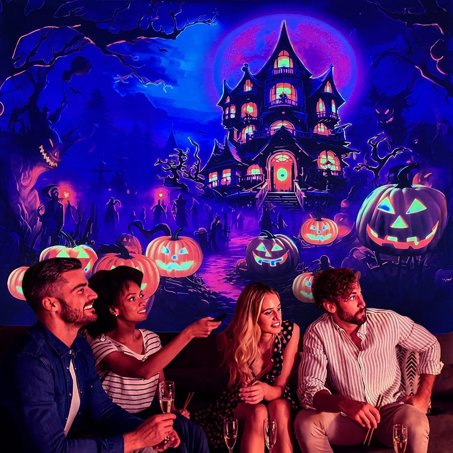 OSVINO Blacklight Halloween Castle Tapestry 79"x59" Pumpkins Ghosts Background Bedroom Aesthetic Hippie Room Decor Glow in The Dark Wall Poster for Halloween Easter