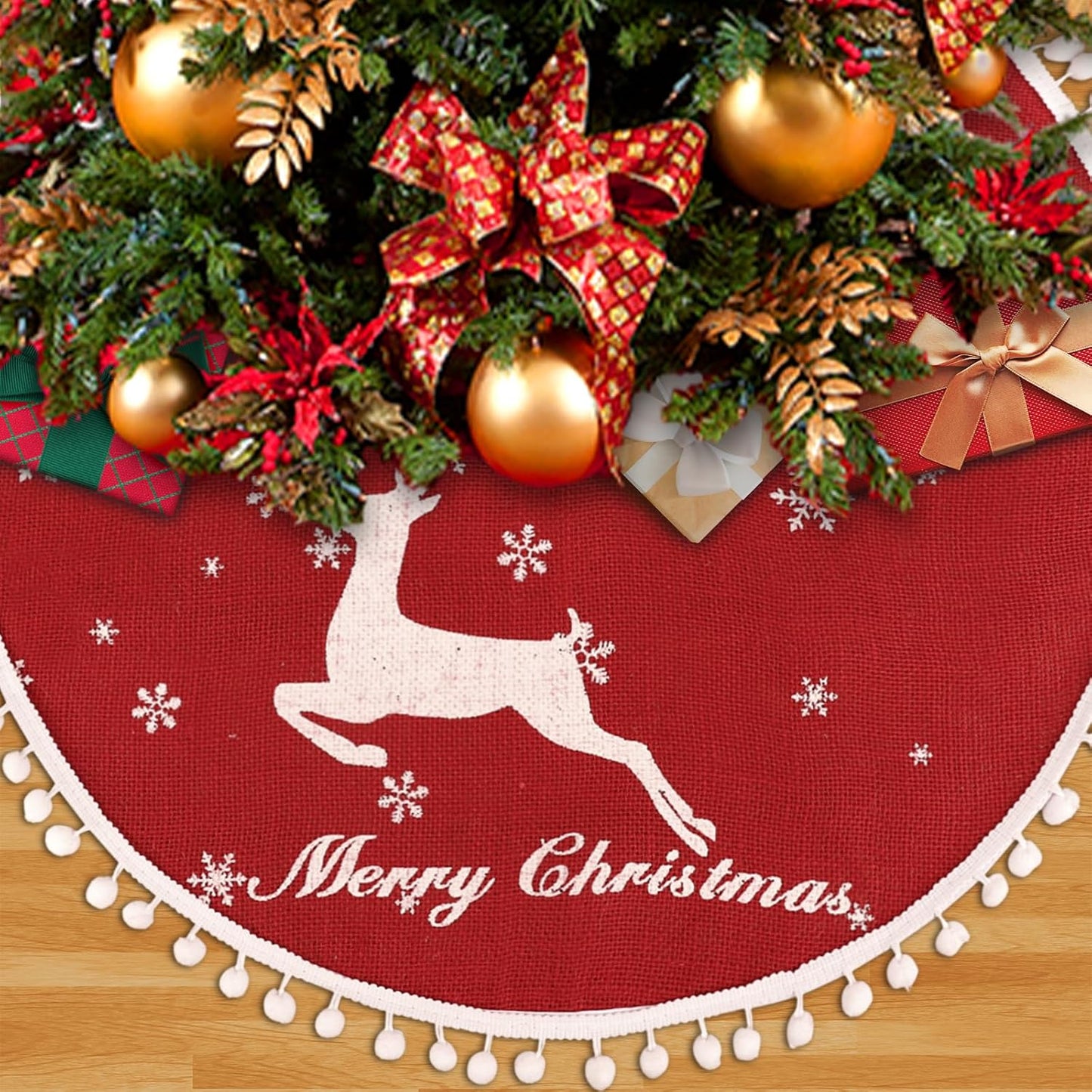 24 Inch Christmas Tree Skirt, Burlap Red Christmas Rustic Tree Skirt with Elk Deer and White Snowflake Printed for Holiday Party Xmas Tree Decoration