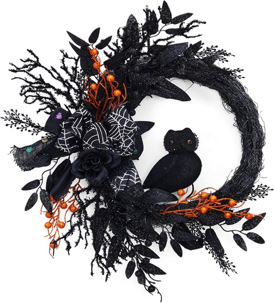 20 Inch Halloween Owl Wreath for Front Door - Gothic Garland with Natural Vines & Black Roses, Outdoor Indoor Decor for Porch, Wall, Window, Party Home Decor