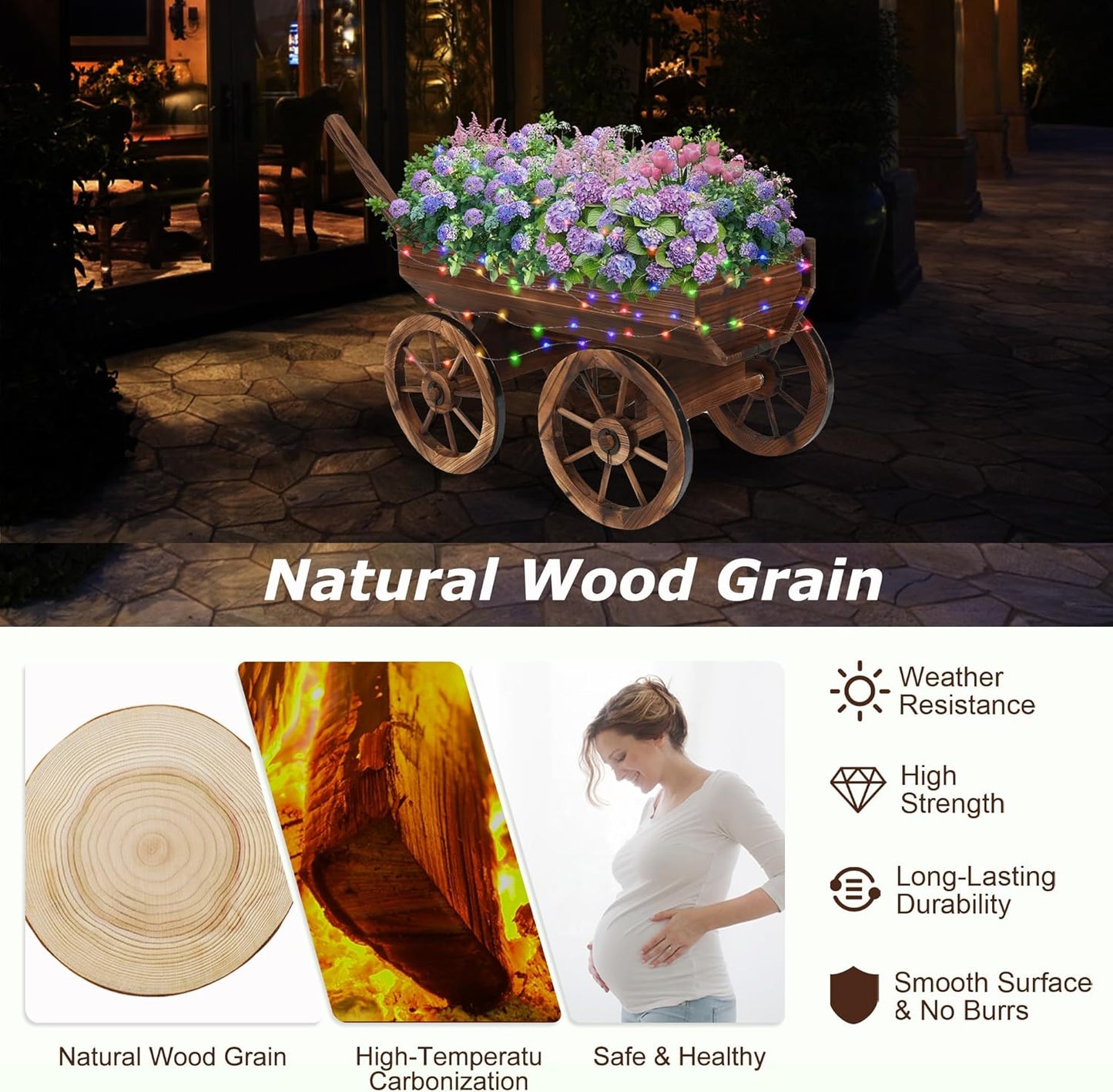 Garden Wooden Decor Rustic Flower Pot,Planters Wagon Indoor Outdoor Backyard Balcony Decor,for Outside Garden Decor Wheelbarrow Planter for Patio (Wooden Wagon with Light)