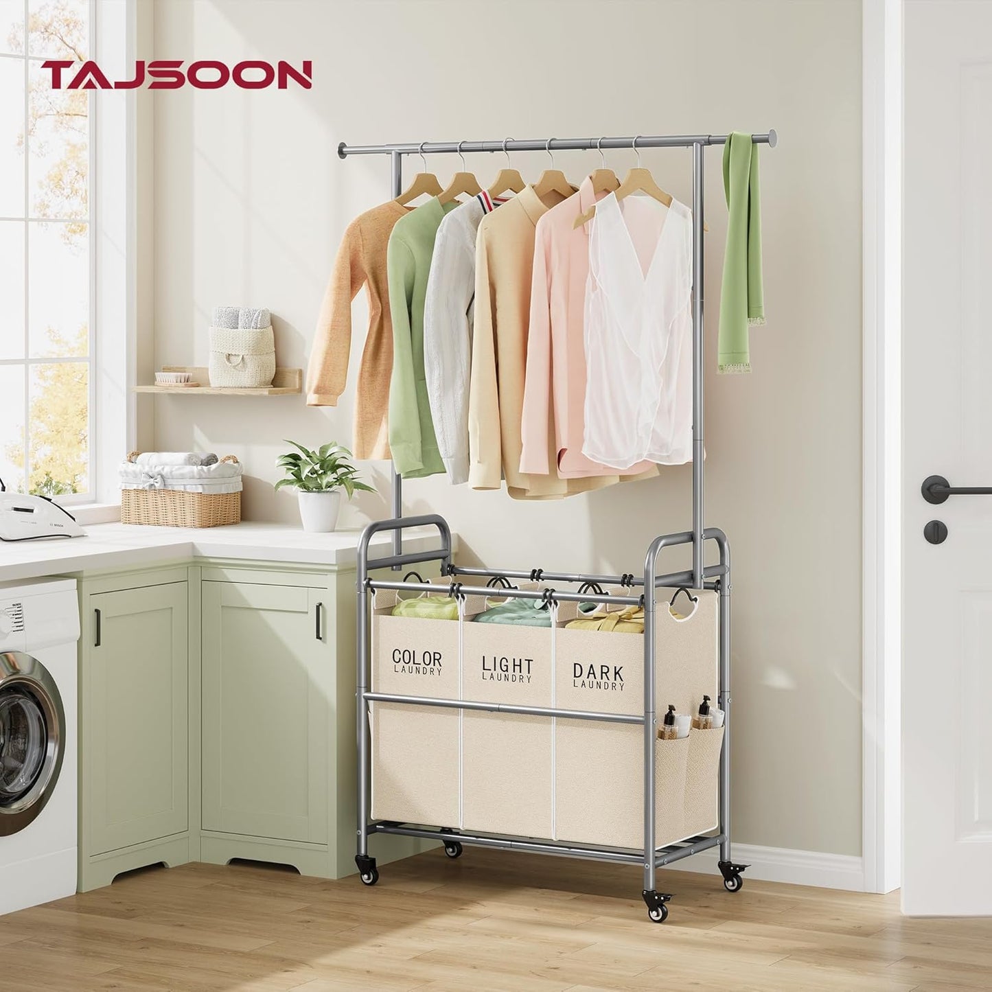Tajsoon Laundry Hamper with Hanging Rack, 3 Section Laundry Sorter with Heavy Duty Lockable Wheels, Laundry Basket Organizer for Dirty Clothes Storage, 3 Beige