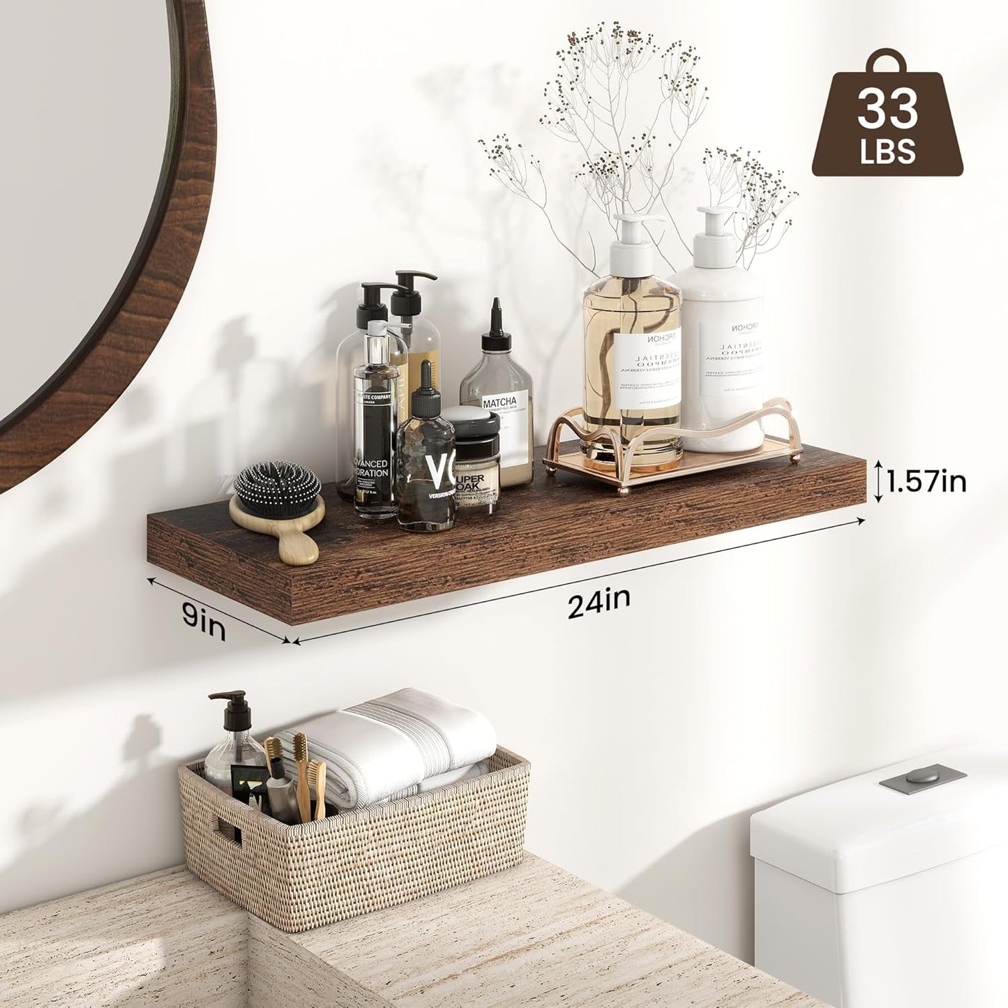 Heimlove 24 inch Floating Shelves for Wall,9.3 inch deep Brown Bathroom Over Toilet Shelf,Wall Mounted Rustic Wood Shelves for,Bedroom,Living Room,Kitchen,Office Decor Set of 2-Brown