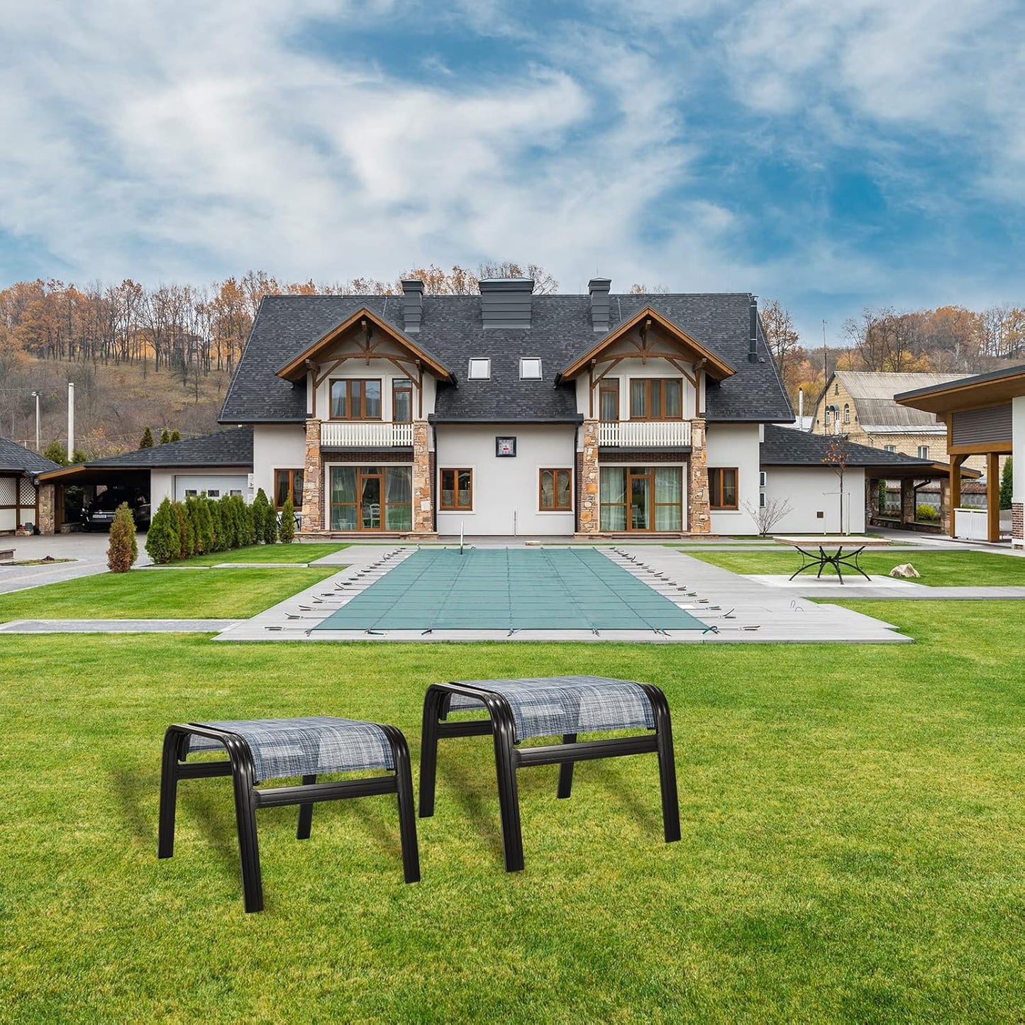 Outdoor Foot Stools Gift for Patio Ottoman Footrest Aluminum Portable Seat Wicker Furniture Stackable Dining Ottoman 2 Pack Blue