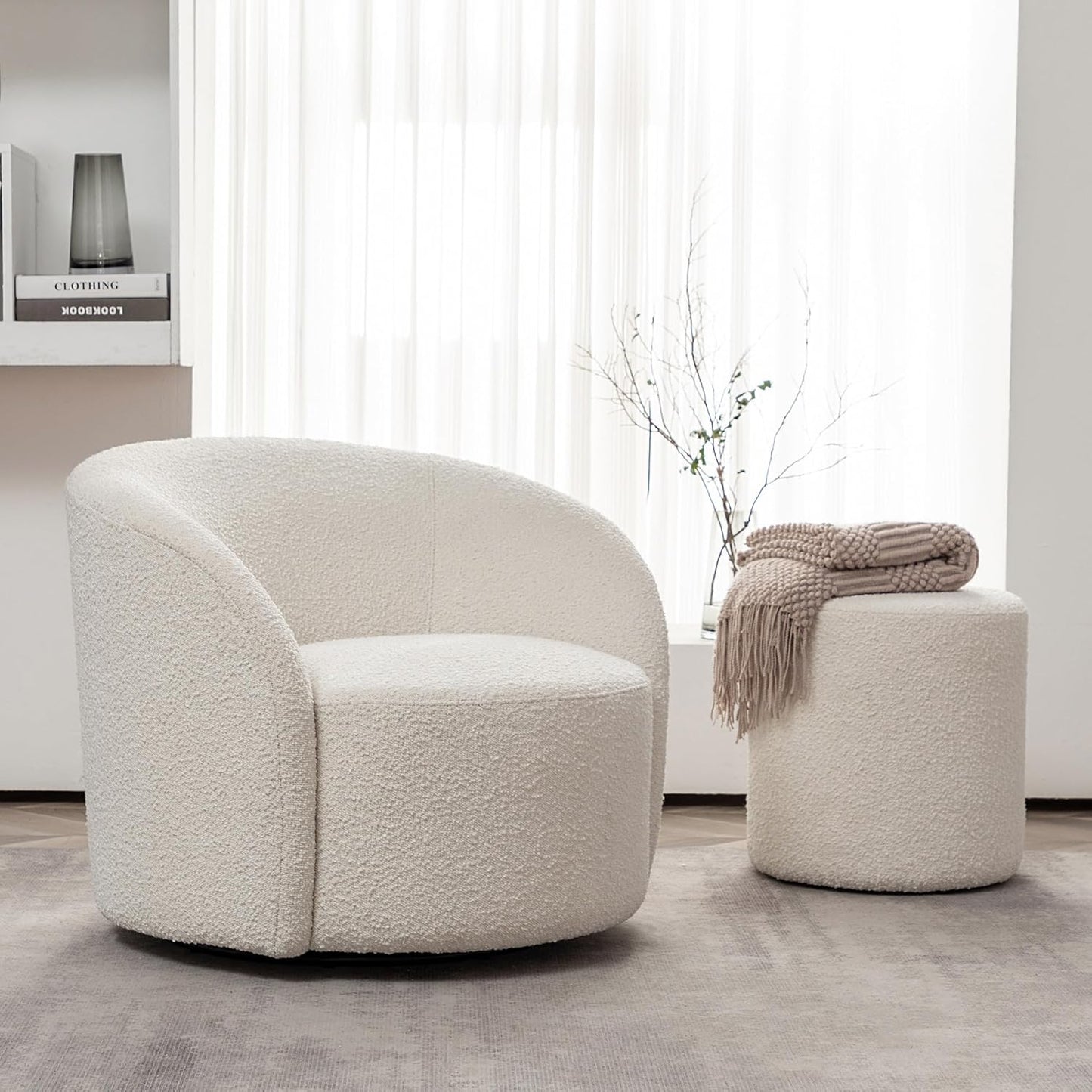 KINWELL 34" Boucle Swivel Barrel Chair with 18" Round Ottoman Set, Fully Assembled Set of Sherpa Accent Chair and Footrest, Modern Comfy Armchair and Footstool for Living Room and Bedroom, Cream