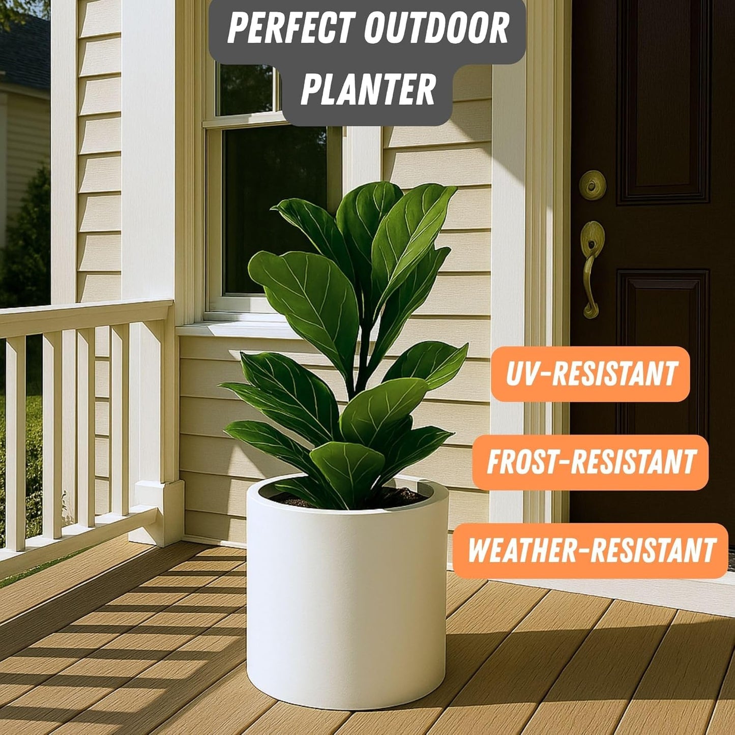 Fox & Fern Large 12 Inch Planter — Premium Lightweight Fiberstone Matte White Plant Pot w Drainage Plug; Large Indoor & Outdoor Planter; 12 Inch Pots for Plants Indoor; Weather & UV Resistant