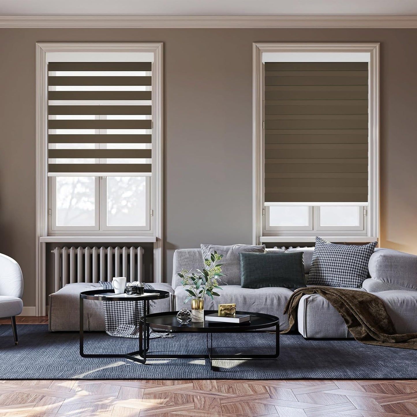 HESTIA Cordless Zebra Blinds Light Filtering Roller Shades UV Blocking Blackout Privacy Indoor Window Shades for Home Office Day and Night, Brown,41" W x 48" H