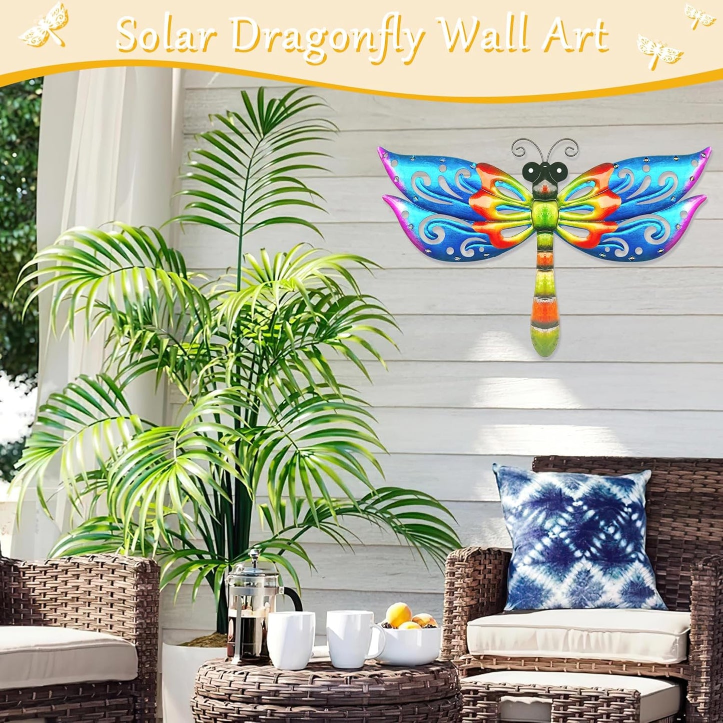 Solar Dragonfly Wall Art, 12-Inch Metal Garden Decor, Color Changing LED Lights, Multicolor