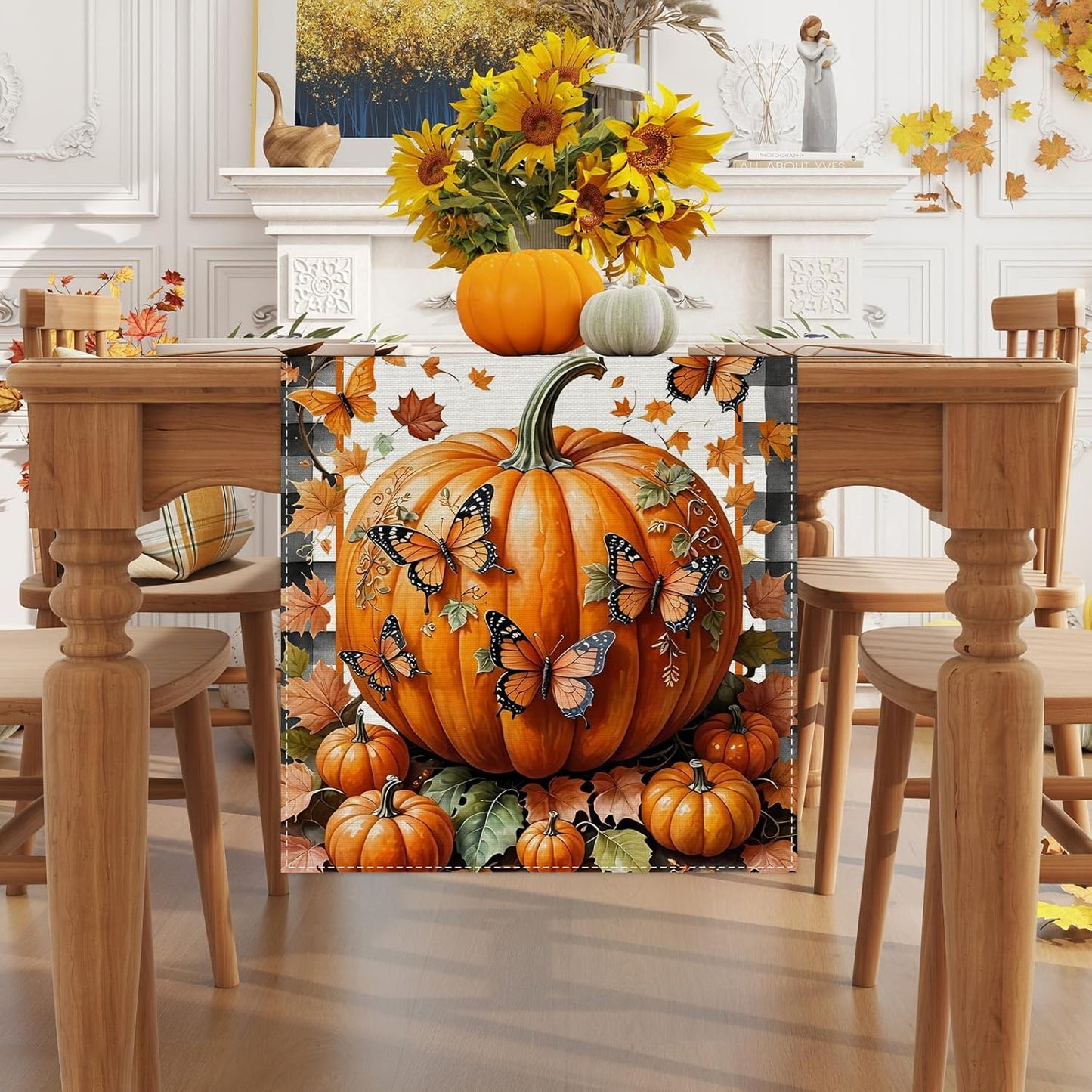 Linen Black and White Buffalo Check Plaid Fall Table Runner 120 Inches Long, Fall Leaves Pumpkin Butterfly Home Kitchen Table Decor, Farmhouse Autumn Thanksgiving Harvest Festival Decorations for Home