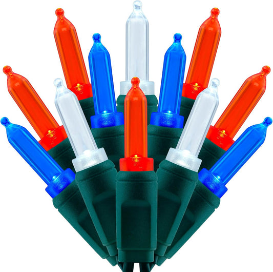 100 Red White Blue One-Piece LED Christmas Lights, 33 ft Green Cord High Waterproof UL Certified Patriotic Outdoor String Lights (Red White & Blue)