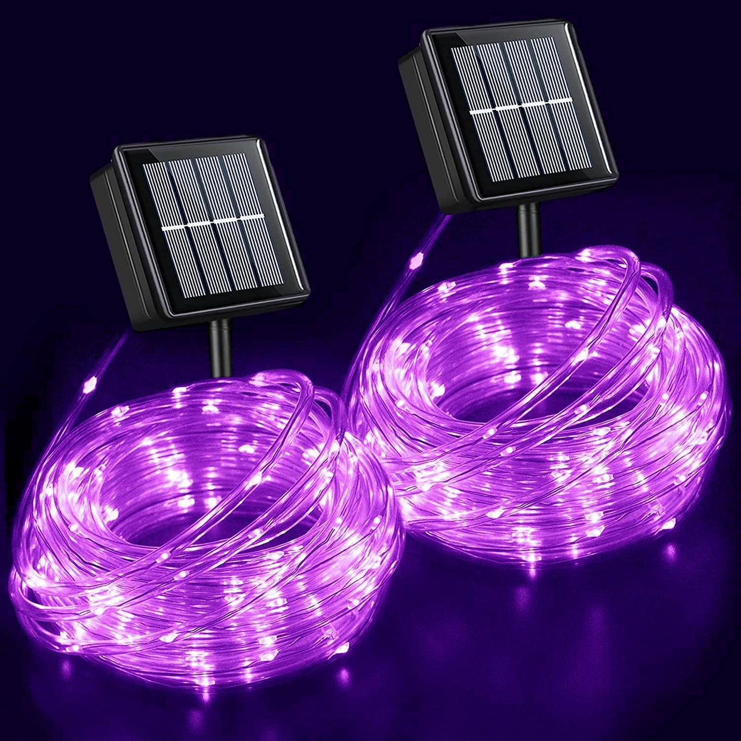 YEGUO 2 Packs Each 33ft 100 LED Solar Rope Lights Outdoor Waterproof, Purple String Lights for Outside, 8 Modes Fairy Lights in Clear Thin Tube for Camping Fence Patio Garden Trampoline Deck