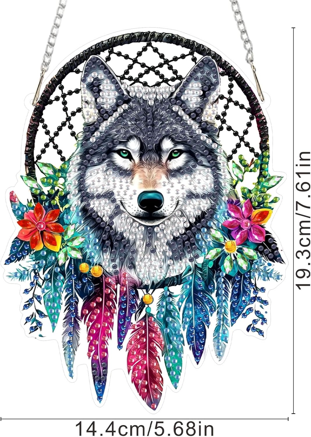 SENQAO Wolf Diamond Art Hanging Kit for Adult, Special Shaped Rhinestone, Double Sided DIY Acrylic Diamond Art Painting Window Pendants Home Garden Wall Hanging Kits Hanging Ornament (Dream Catcher)