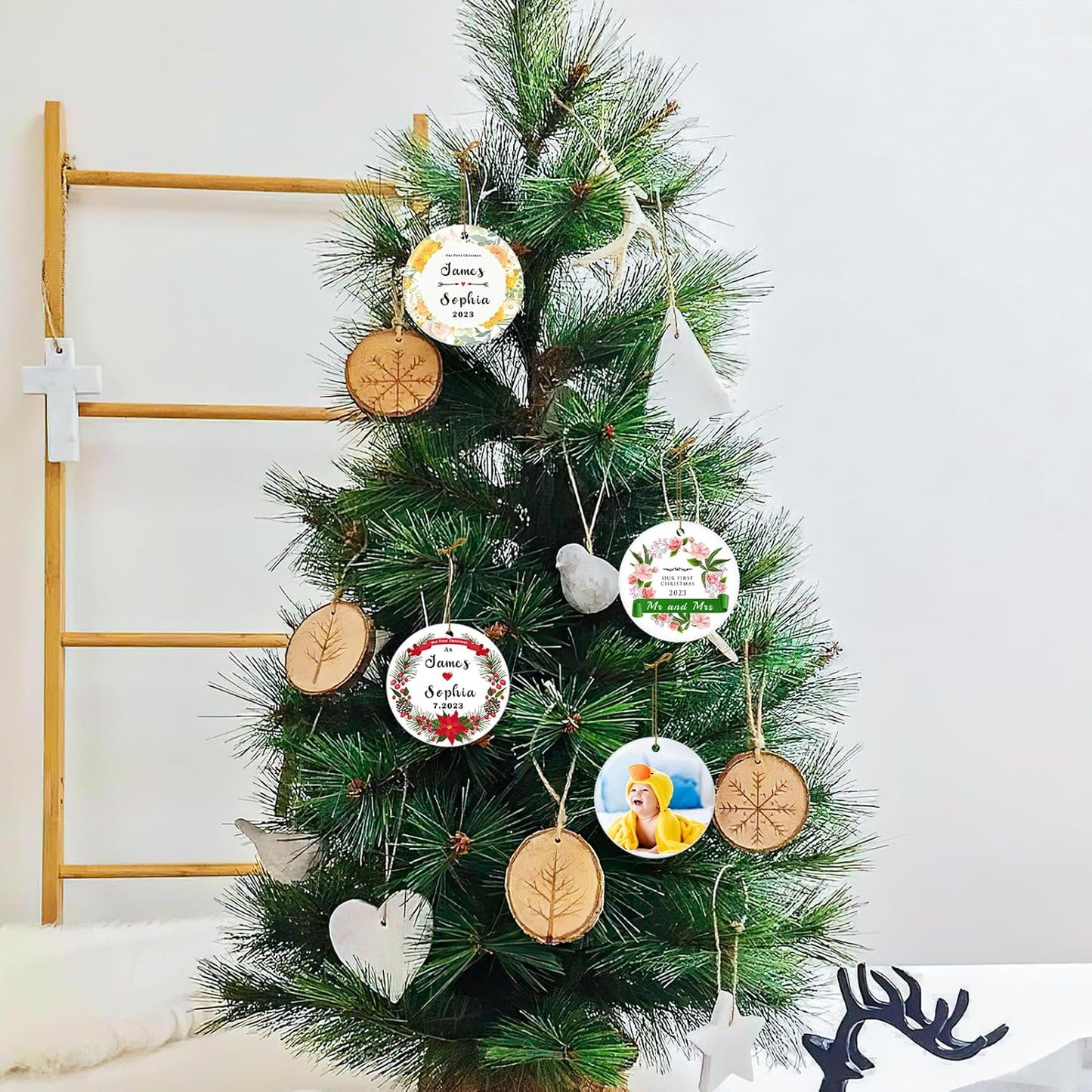 Personalized Our First Christmas Married Ornament 2025, Just Married Ornament as Mr and Mrs, First Year Newlywed 2.9" Ceramic Round Xmas Tree Decorations