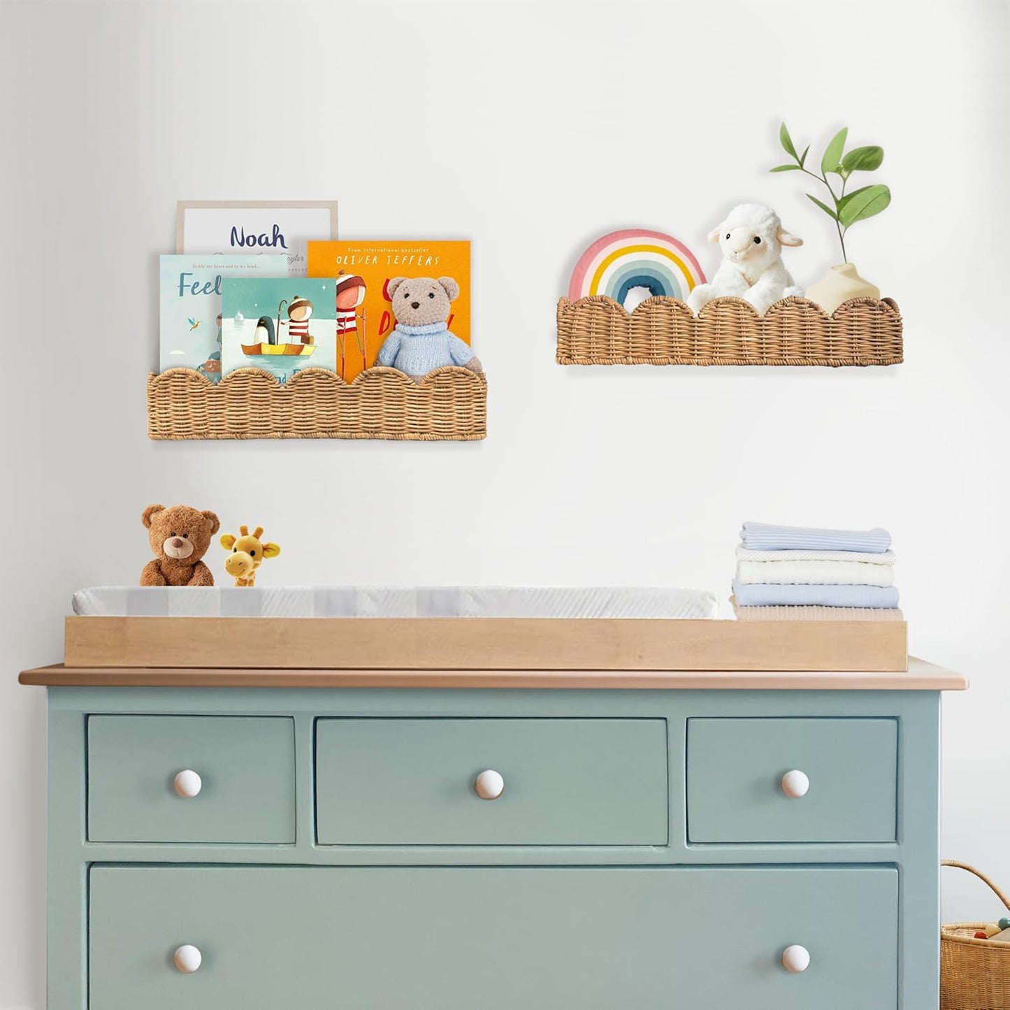 Nursery Book Shelves Set of 2 - Artisanal Natural Rattan Scalloped Book Shelf for Kids Rooms 15.8" W, Cute Wicker Nursery Bookshelf Wall Mounted, Handwoven Floating Kids Bookshelf, Baby Boho Decor