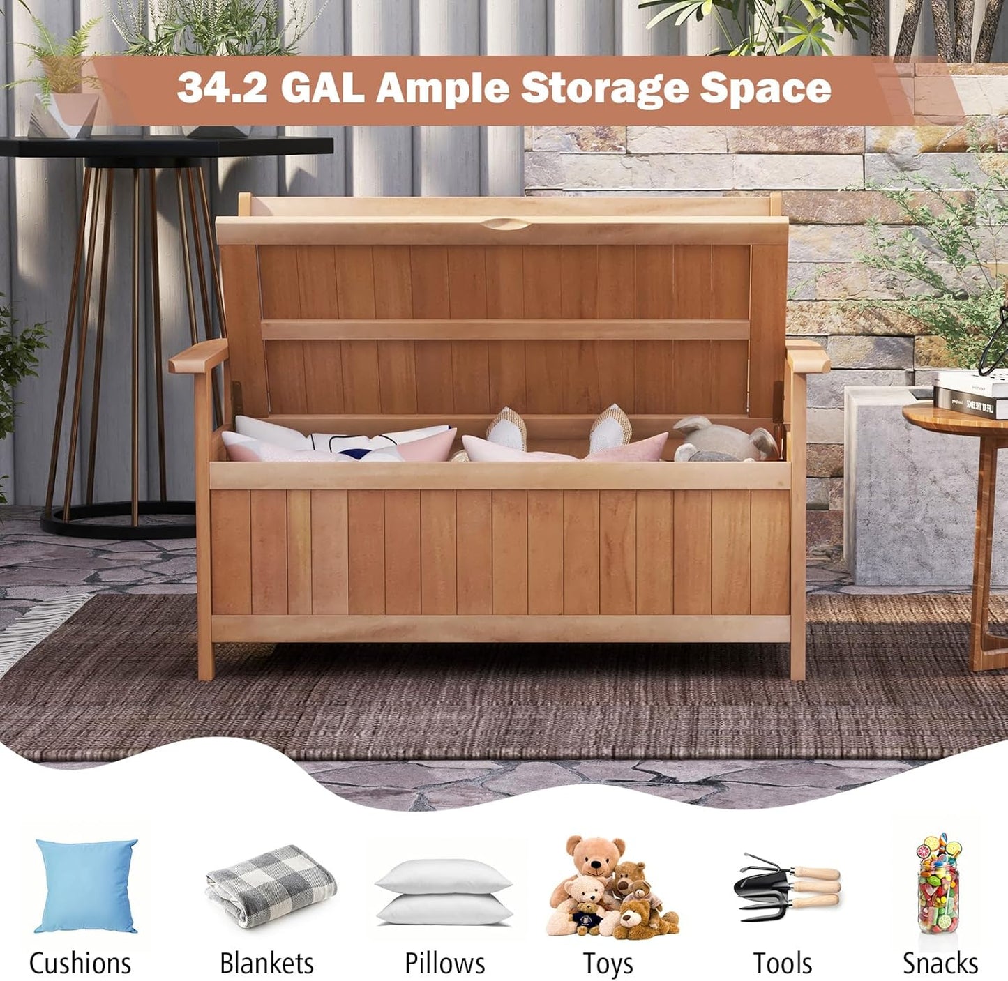 Tangkula 48 Inch Outdoor Wood Storage Bench Deck Box, Wooden Storage Loveseat with 34.2 Gal Inner Space, Entryway Bench Deck Box with Slatted Backrest, Storage Seat for Garden, Lawn, Balcony & Porch