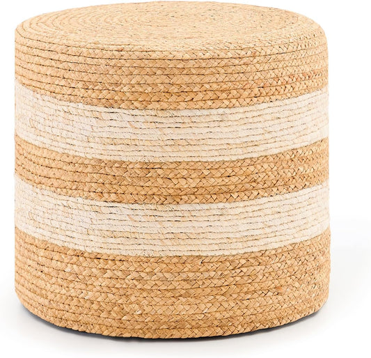 Handwoven Ottoman Pouf, Natural Water Hyacinth Footstool, Round Braided Outdoor Seat with Sturdy Frame, Boho Accent Stool for Patio, Balcony, or Garden (White)