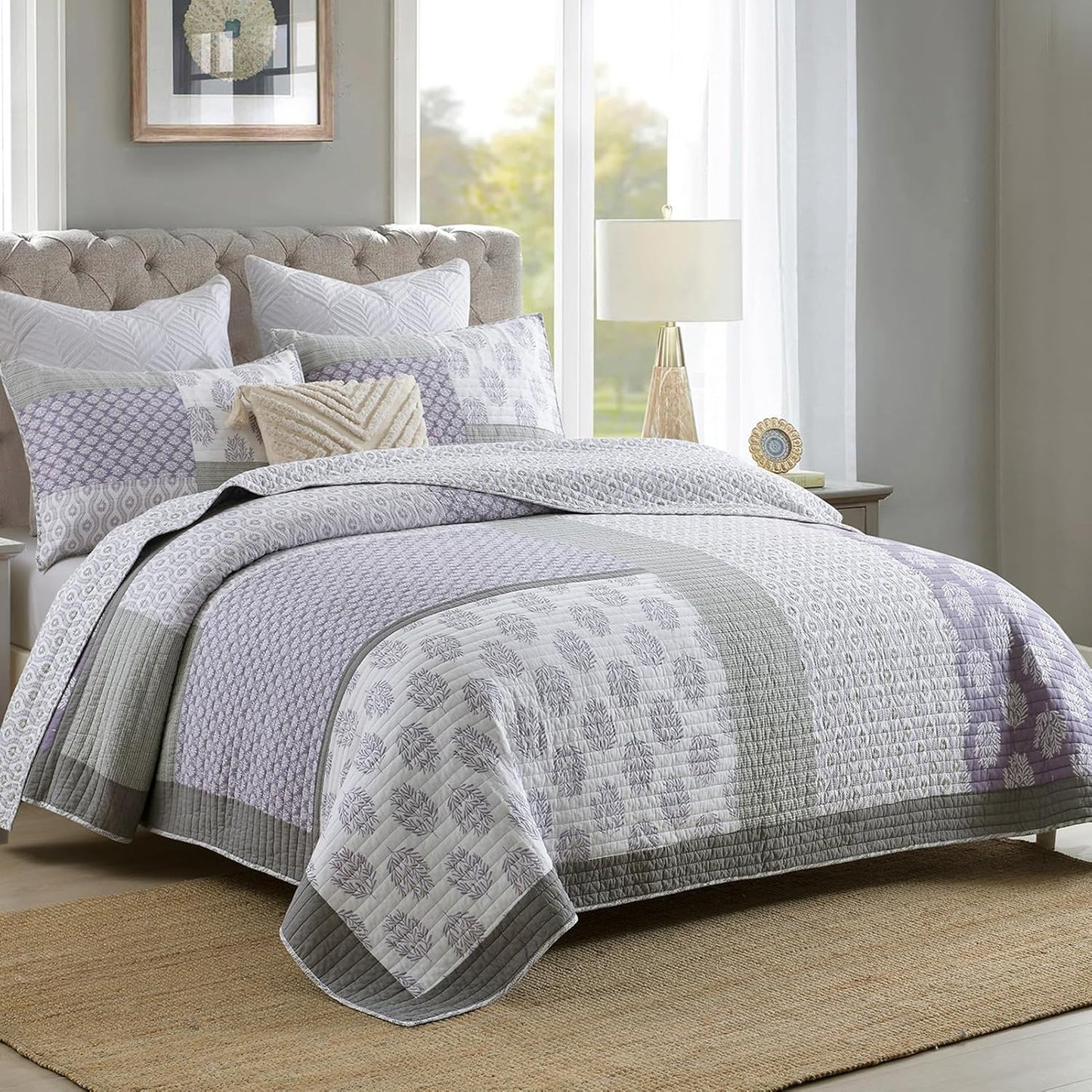PANGUSHAN Quilt Set King Size, 100% Cotton Bedspread Quilt Bedding Set, Patchwork Reversible Floral Quilt for King Bed, Purple/Grey/White Bed Spread, Lightweight Comforter for All Season, 3 Pieces
