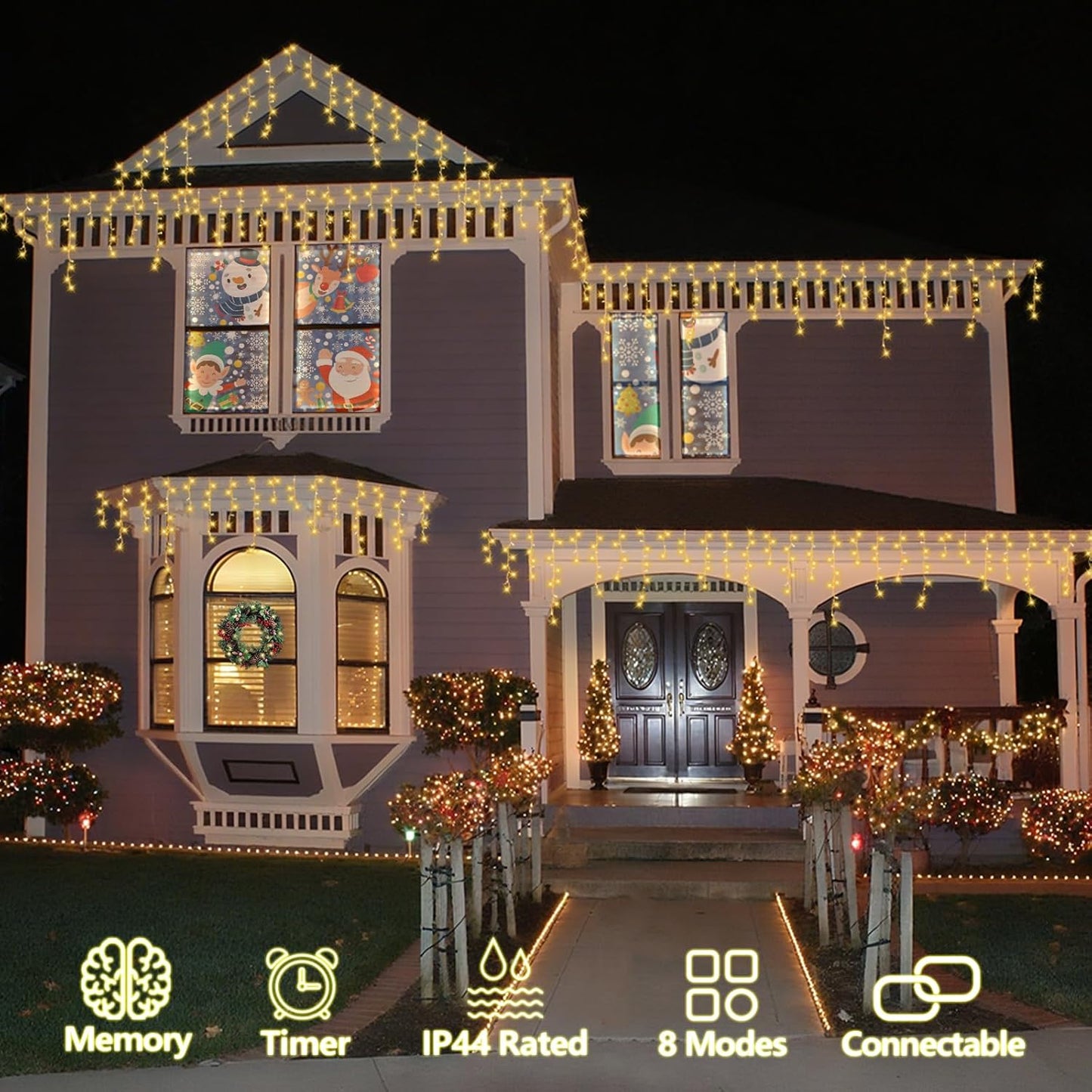 QITONG Warm White Icicle Lights for Outside, 33ft 400 LED Christmas Lights Indoor with 8 Modes, Clear Wire Connectable String Lights Plug in