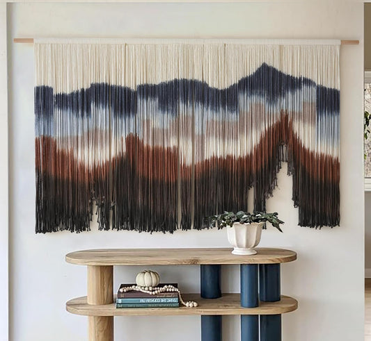 Flber Large Macrame Wall Hanging 57" W x 31" L Handmade Dip Dye Tapestry Bohemian Fiber Art Wall Hanging Mountain Inspired Wall Tapestry Neutral Rustic Wall Decor for Bedroom Living Room