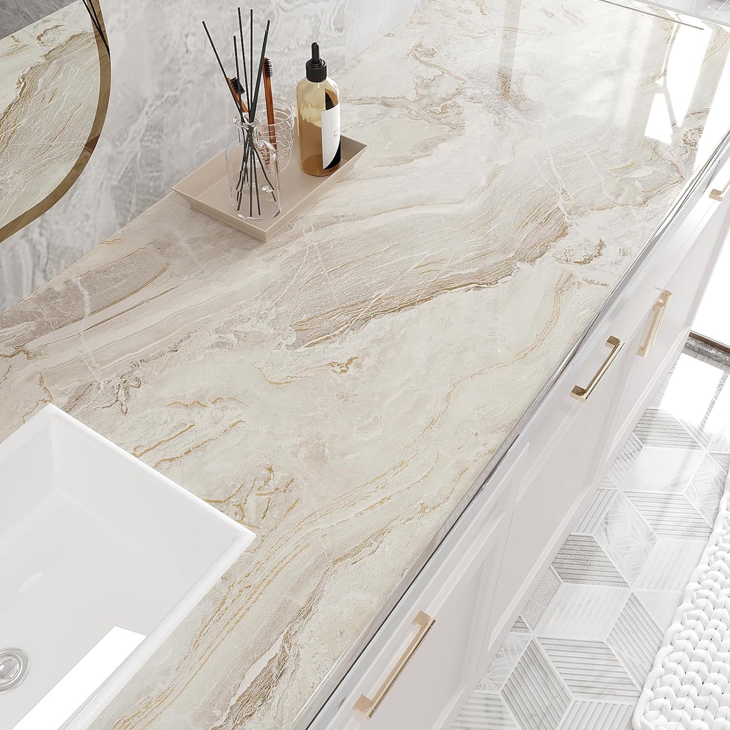 VEELIKE 15.7''x118'' Beige Gold Liquid Marble Contact Paper for Countertops Peel and Stick Waterproof Granite Countertop Paper Self Adhesive Marble Wallpaper Vinyl Roll for Kitchen Bathroom Table Wall