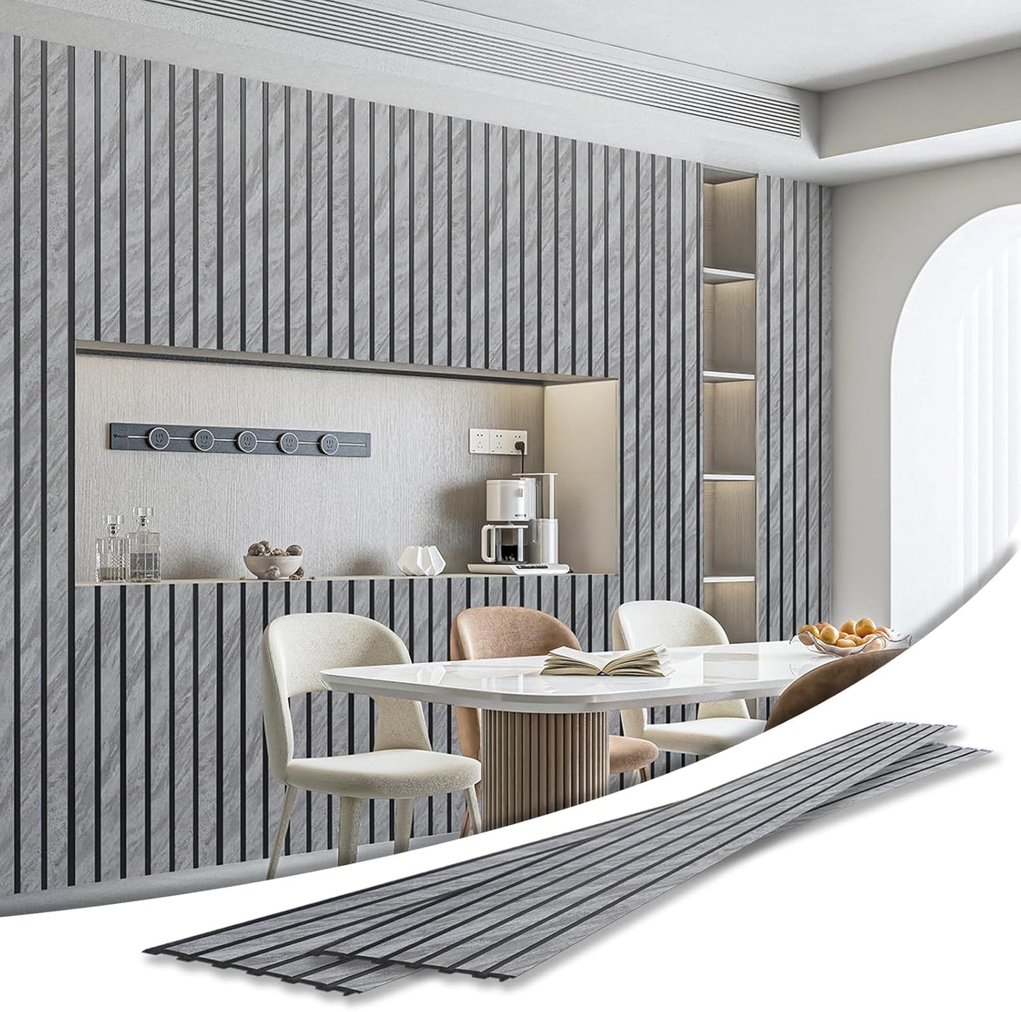 Art3d 4-Pack Glue-On Six-Grid Wainscoting Panel for Interior Wall Decor - 104 x 12 Inch Polystyrene Ultralight Slim Slat Wall Panels for Living Room Bedroom, Granite