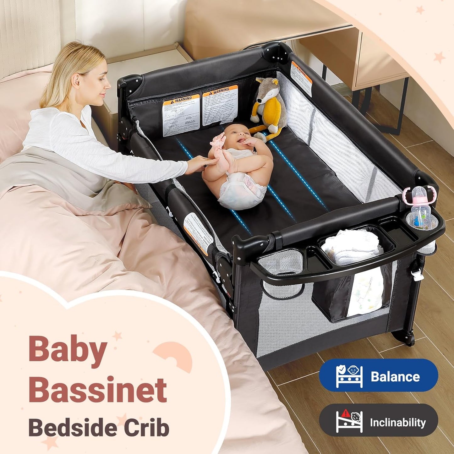 ELEMARA 5 in 1 Pack and Play, Adjustable Baby Bedside Bassinet Sleeper,1-Second Setup Foldable Playard from Newborn to Toddles,Bedside Crib with Changing Table,Portable Travel Bassinet,Ziper Door,Gray