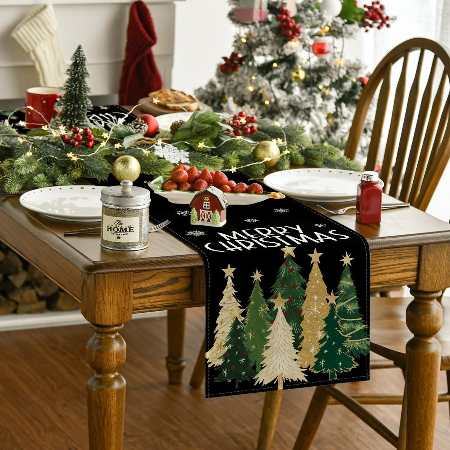 Artoid Mode Xmas Trees Snowflakes Black Merry Christmas Table Runner, Winter Seasonal Kitchen Dining Table Decoration for Home Party Decor 13x120 Inch