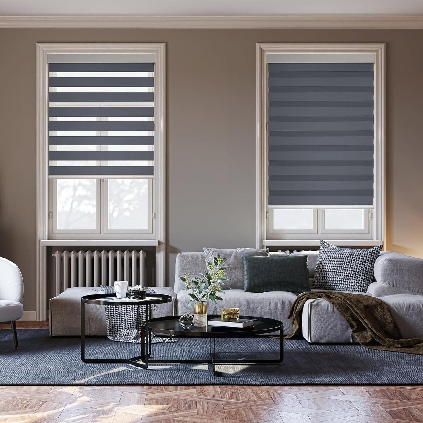 HESTIA Cordless Zebra Blinds Light Filtering Roller Shades UV Blocking Blackout Privacy Indoor Window Blind for Home Office Day and Night, Blue Grey, 47" W x 48" H