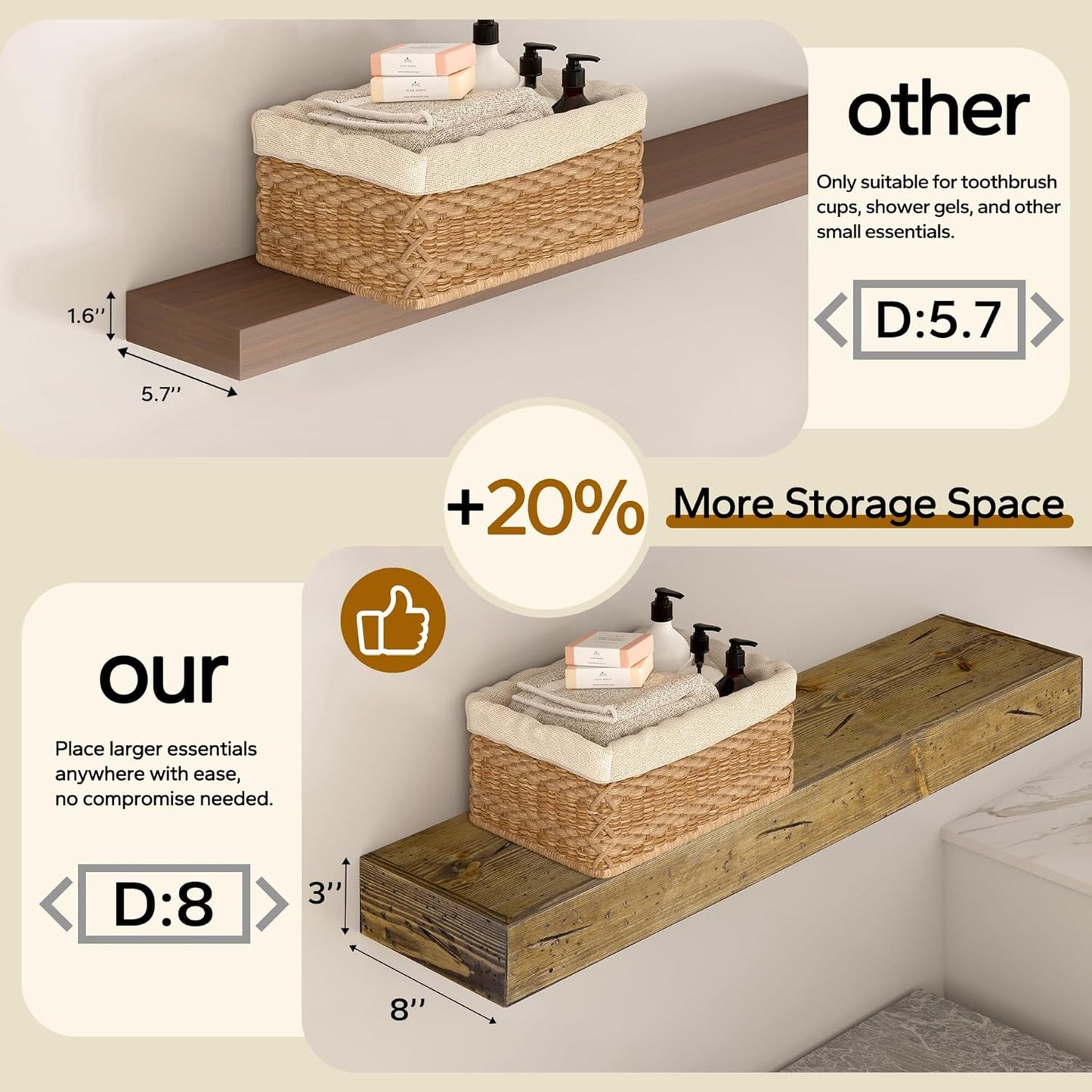 Floating Shelves 3 inch Thick for Wall Set of 2,Solid Pine Wood Wall Mount Shelf for Kitchen Living Room Bedroom Bathroom,8" D x 48" L x 3" H-Distressed Black Walnut