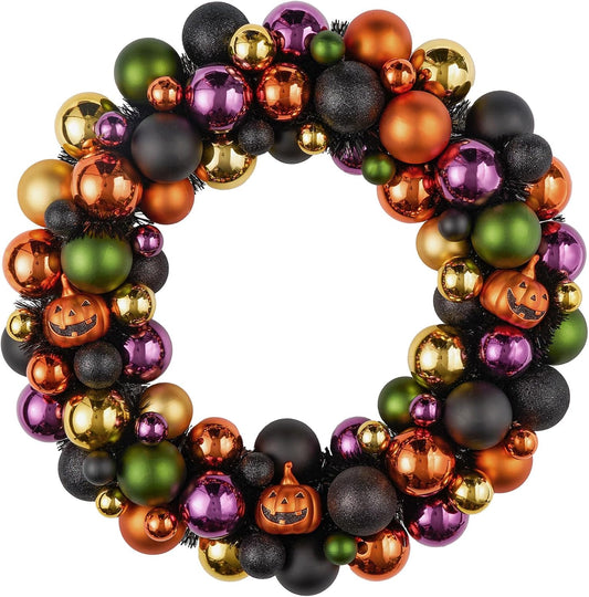 JORNOY 20inch Large Halloween Ball Wreath with Ghost & Pumpkin Accents - Seasonal Orange/Black Wall Hanging, Front Door, Mantel, Porch Decor for Home