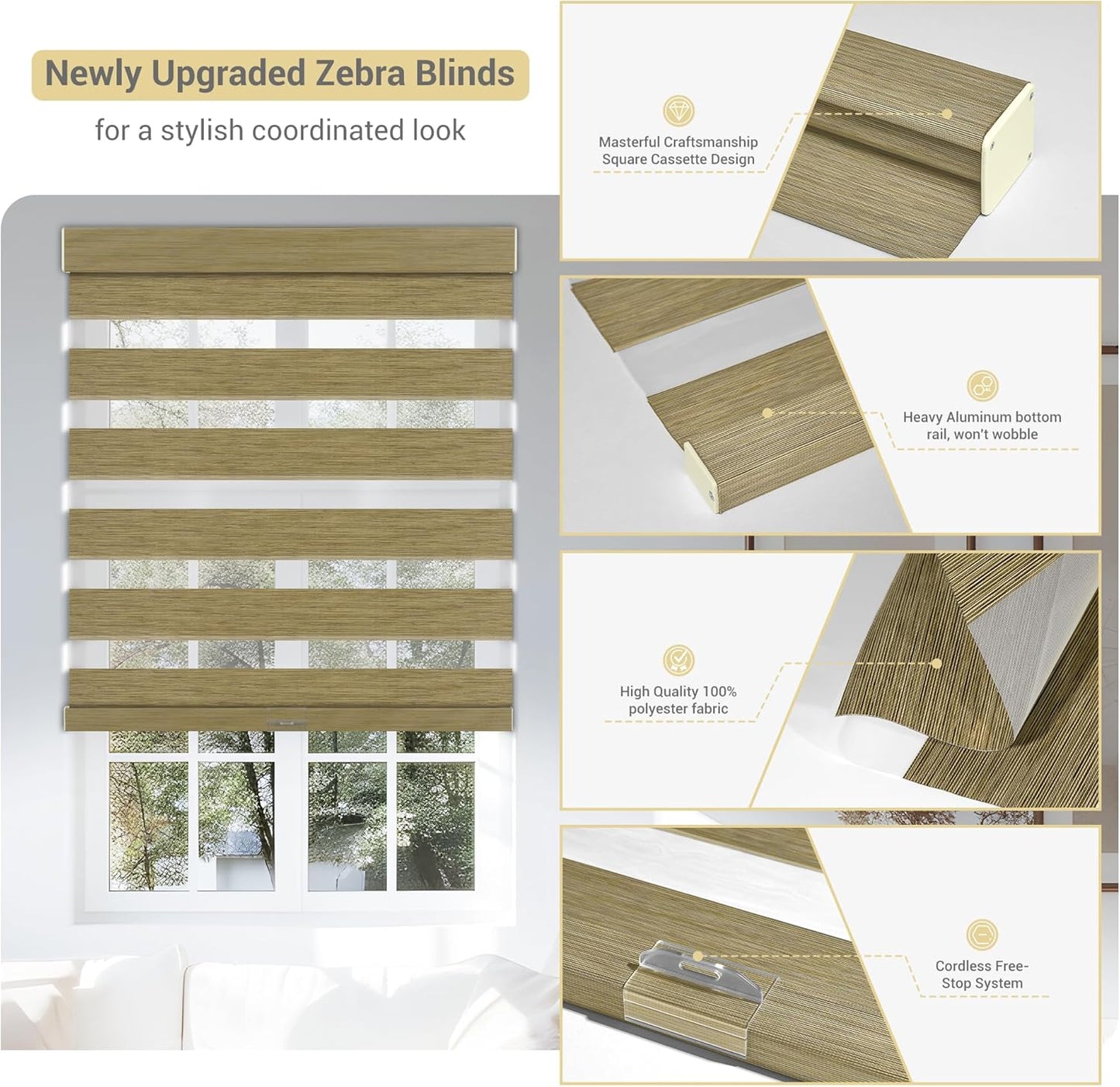 Cordless Zebra Blinds for Windows, Blackout Interior Blinds,Easy to Install,UV Protection,for Offices and Home,Custom Roller Shades, Mousse Light Bown,17" W x 36" H