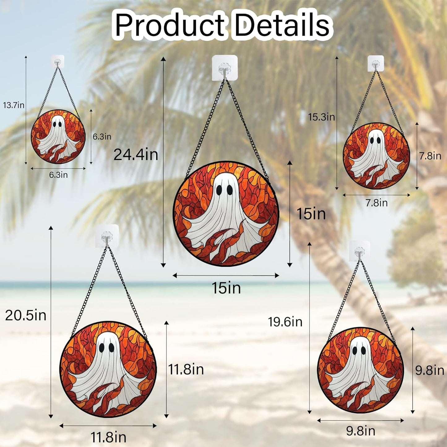 Stained Glass Window Hanging - Halloween Decorations White Ghost Orange Sky Suncatcher for Doors Garden Funny Spooky Sun Catchers Gothic Decor Horror Gifts for Women Men Friend Boy 7.8 in