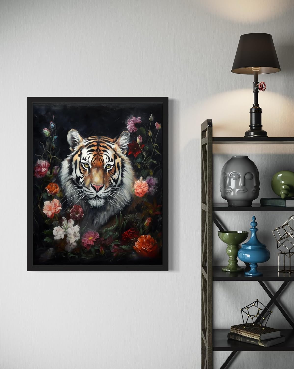 Tiger and Flower Poster Art Print, Halloween Scary Vintage Wall Art Academia Spooky Painting Decoration for Horror Prints, Gothic Posters Bedroom Decor 89 (Tiger and Flower, 16 x 20 inches, Unframed)