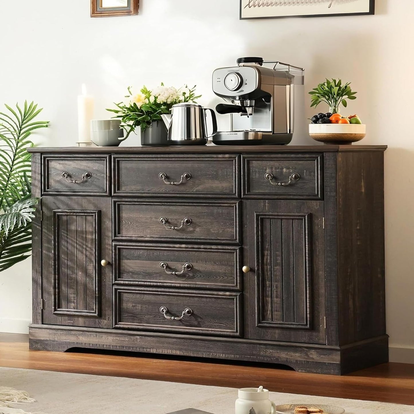 EnHomee Dresser for Bedroom with 6 Drawer & 2 Doors Wood Dressers & Chests of Drawers Farmhouse TV Stand,Entryway,Dark Rustic Oak