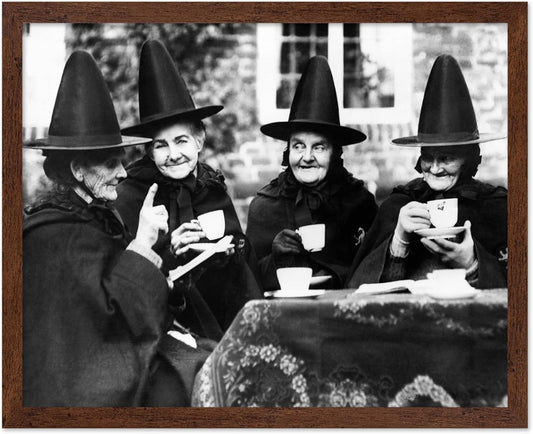 Poster Master Classic Photograph Poster - Vintage Halloween Print - Gift for Artist, Friend - Witches Tea Party, Old Women Smiling, Wearing Robes - Wall Decor for Living Room, 16x20 Brown Framed