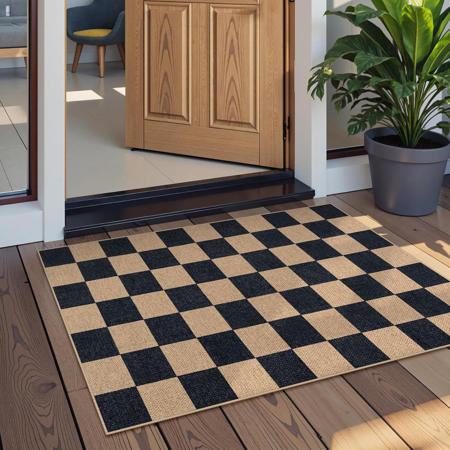 Lahome Checkered Easy Jute 2x3 Rug, Small Entryway Rug Non Slip Kitchen Front Door Mat, Farmhouse Neutral Area Rug Non Shedding Low Pile Floor Carpet for Foyer Porch Doorway