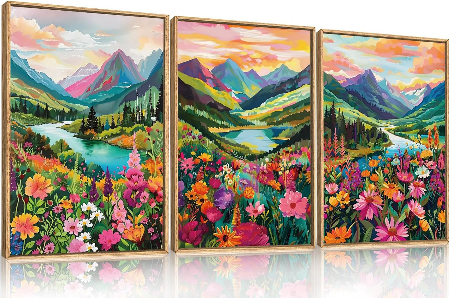 Wildflower Blossom Framed Canvas Wall Art Set, Colorful Flowers Painting, Abstract Landscape Wall Decor, Natural Ridge Floral Art Print for Living Room, Dining Room, Office - 16"x24"x3