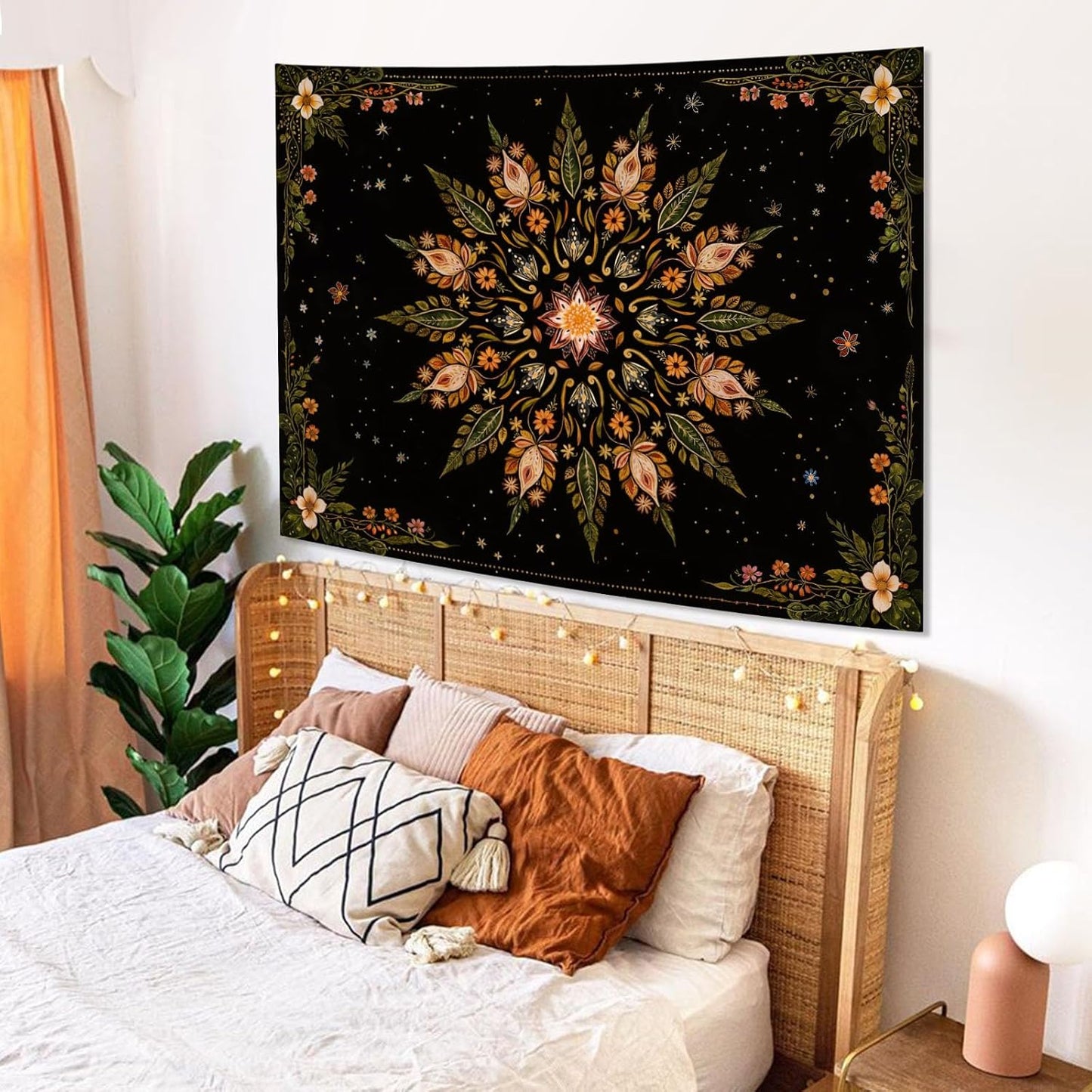 Fowocu Boho Floral Mandala Tapestry for Bedroom Aesthetic Vintage Bohemian Flower Wall Tapestry Black Green Hippie Indian Small Tapestries Wall Hanging for Living Room Dorm Decor 40 x 30 Inch