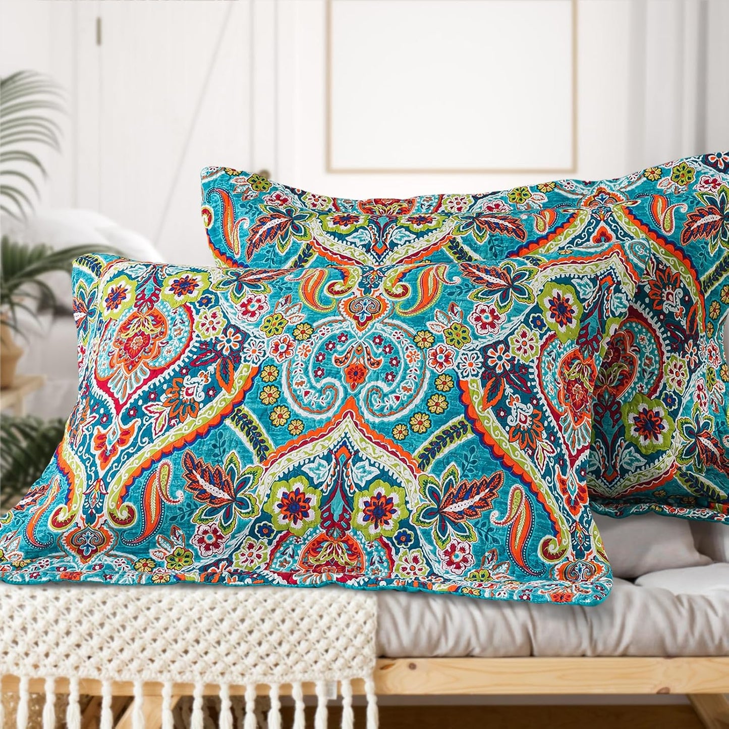 VAPUTAR Quilt King Bedding Set - Soft Cotton Quilts with Paisley Floral Pattern - Lightweight Reversible Bedspreads for Farmhouse (3 Pieces, Bright Teal)