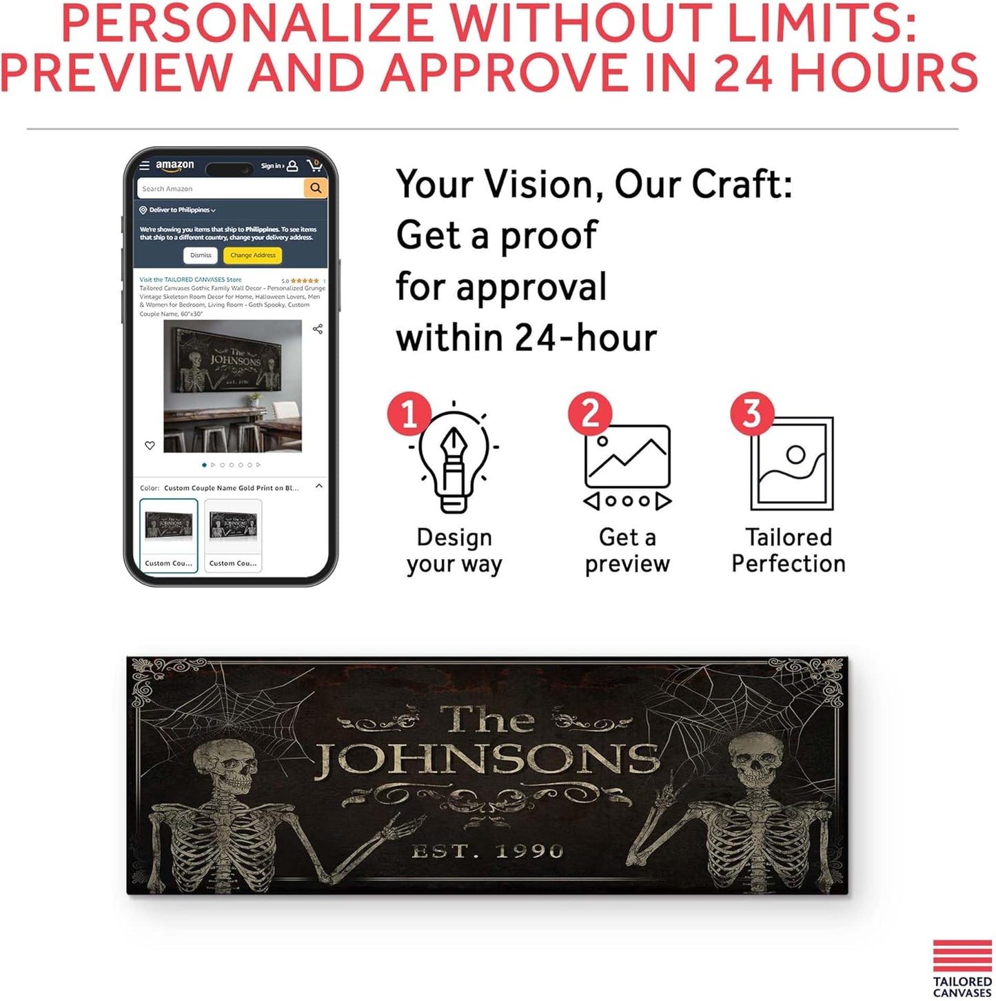 Tailored Canvases Gothic Family Wall Decor - Personalized Grunge Vintage Skeleton Room Decor for Home, Halloween Lovers, Men & Women for Bedroom, Living Room - Goth Spooky, Custom Couple Name, 36"x12"