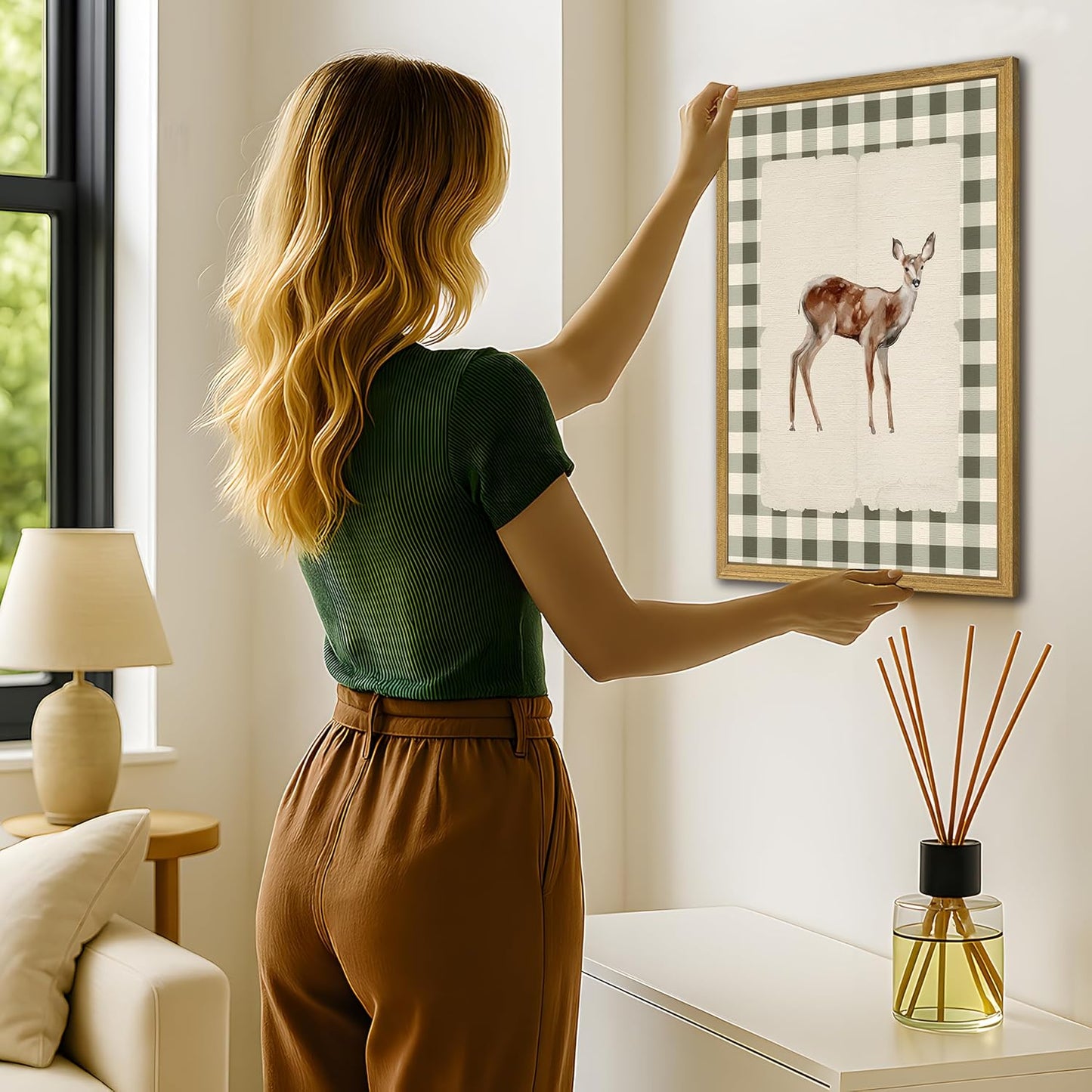 Wood Framed Deer Wall Art Print, Woodland Baby Deer Canvas Poster Wall Decor, Vintage Rustic Green Gingham Farmhouse Animal Picture for Living Room Kitchen Bedroom Nursery Decor, 16x24 inch