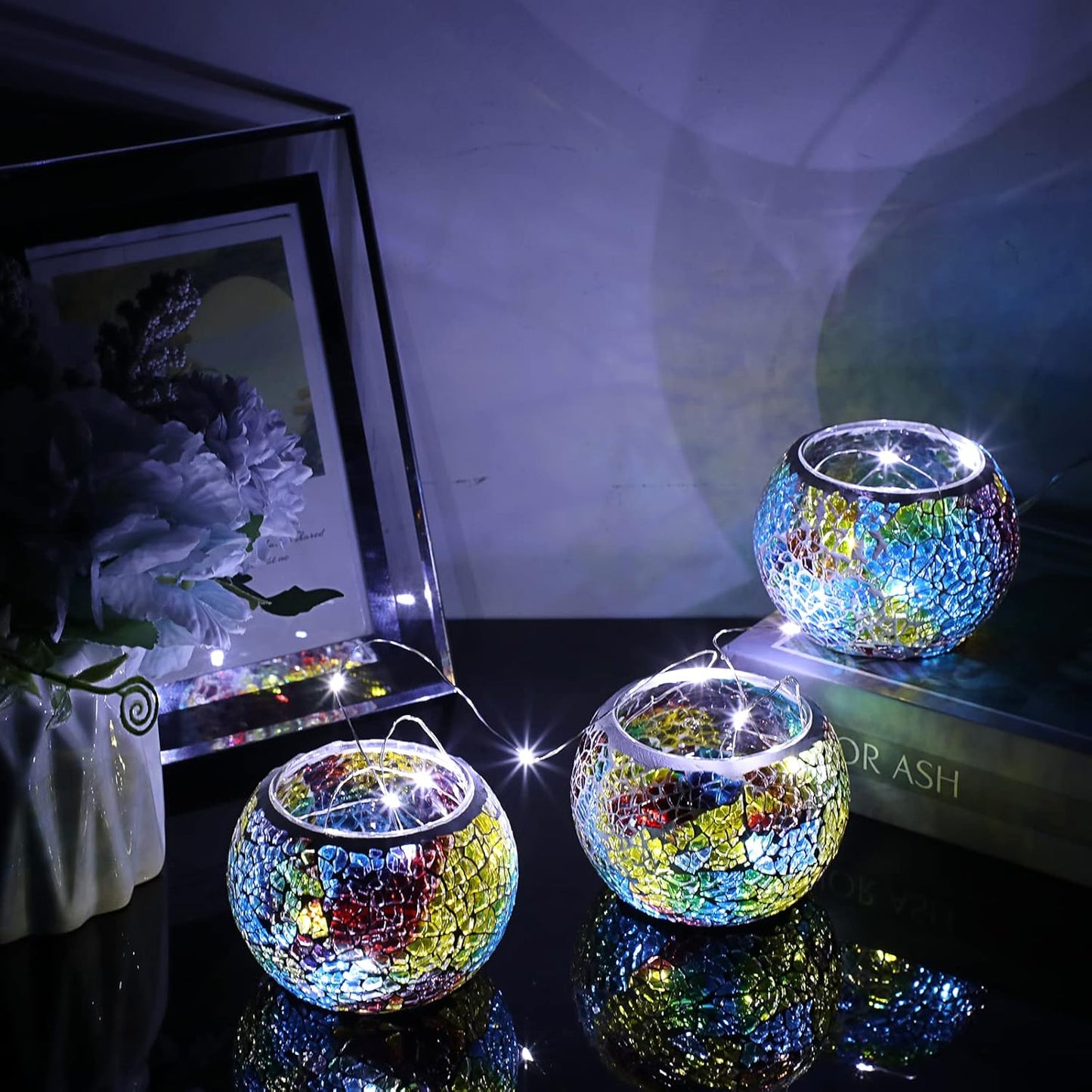 OwnMy Set of 3 Colorful Mosaic Glass Tea Light Holders Round Bowl Votive Candle Holders Pillar Candle Stands, Glass Mosaic Tealight Holders Potted Plant Bowl Vase Candle Centerpiece for Table Wedding