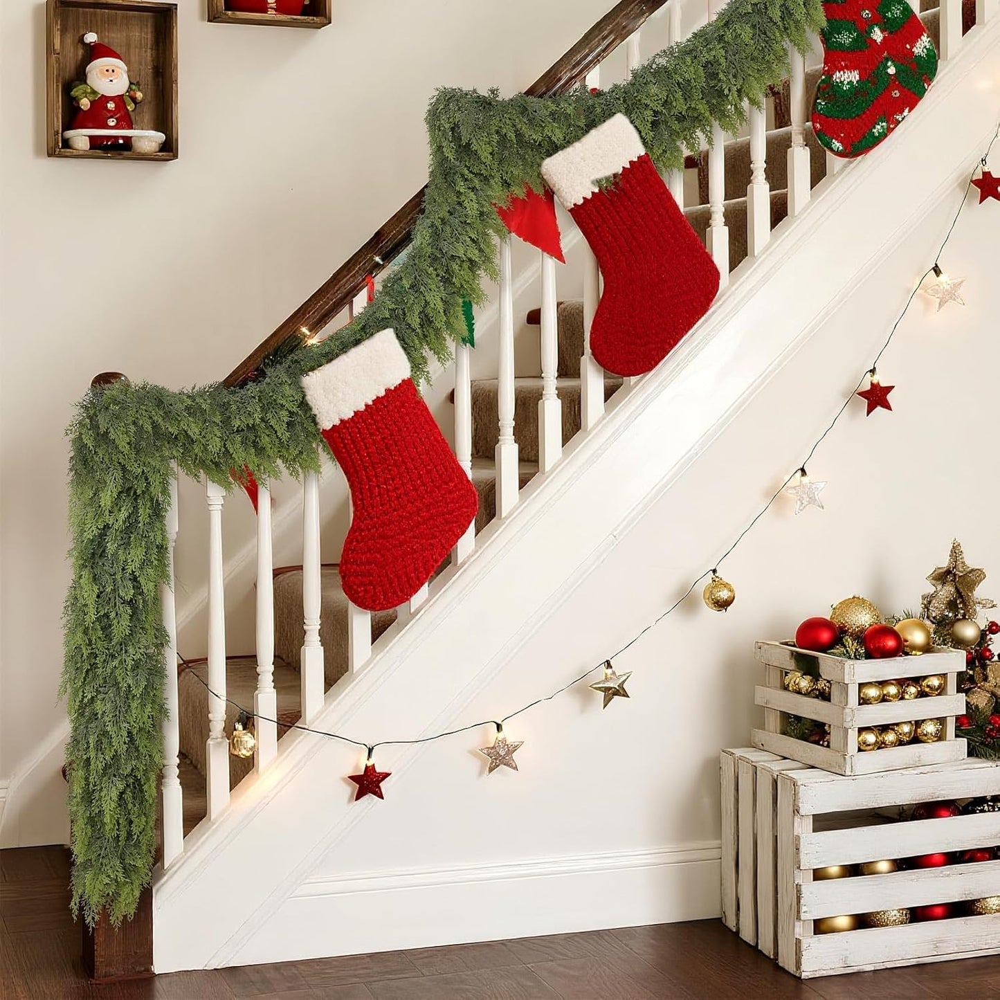 Real Touch Christmas Cedar Garland -16ft Artificial Garlands Faux Cedar Fake Pine Needles Garland for Fireplace,Table,Window,Stairs,Mante,Holiday Indoor Outdoor Xmas Decor(1PCS)