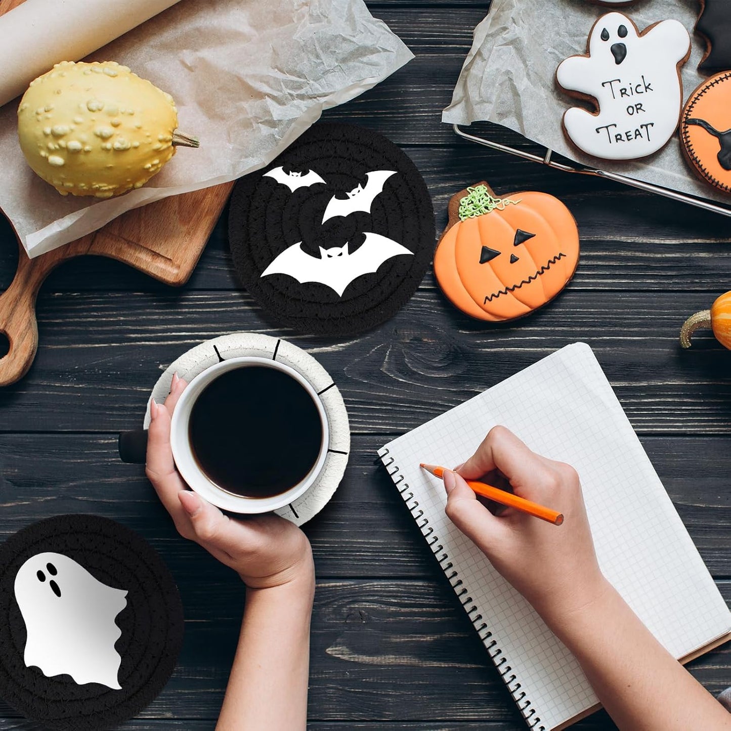 Whaline Halloween Handmade Braided Cotton Coasters Black White Ghost Bat Cat Spiderweb Drink Coasters Absorbent Cup Coasters for Halloween Party Home Office Decor, Set of 4
