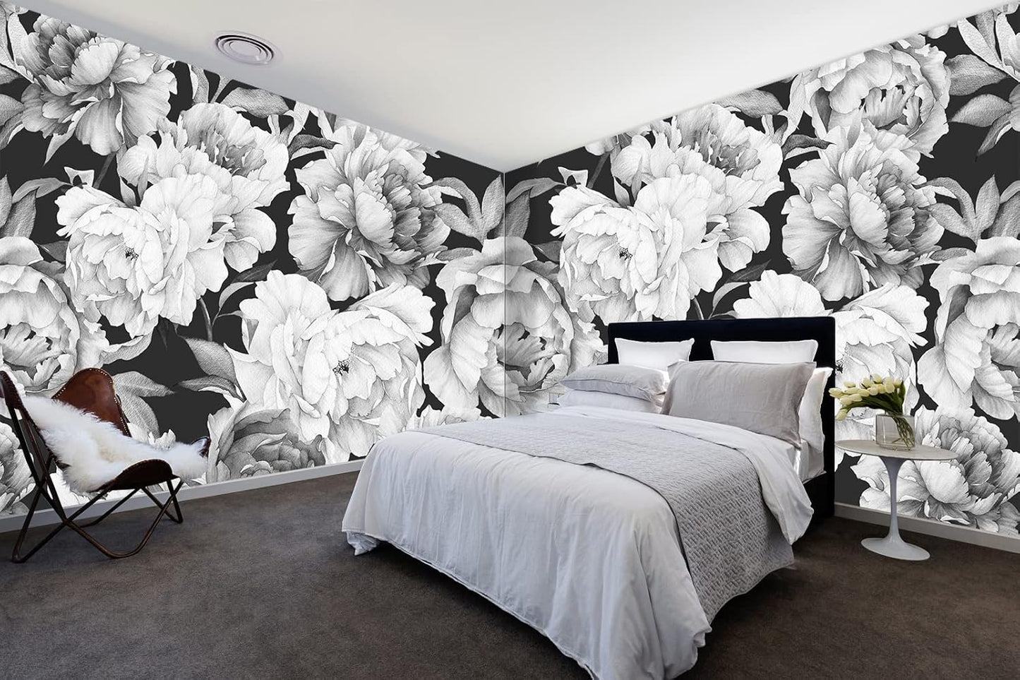Black and White Peonies Wallpaper Watercolor Floral Mural Wallpaper for Bedroom Living Room (Not Peel n' Stick)