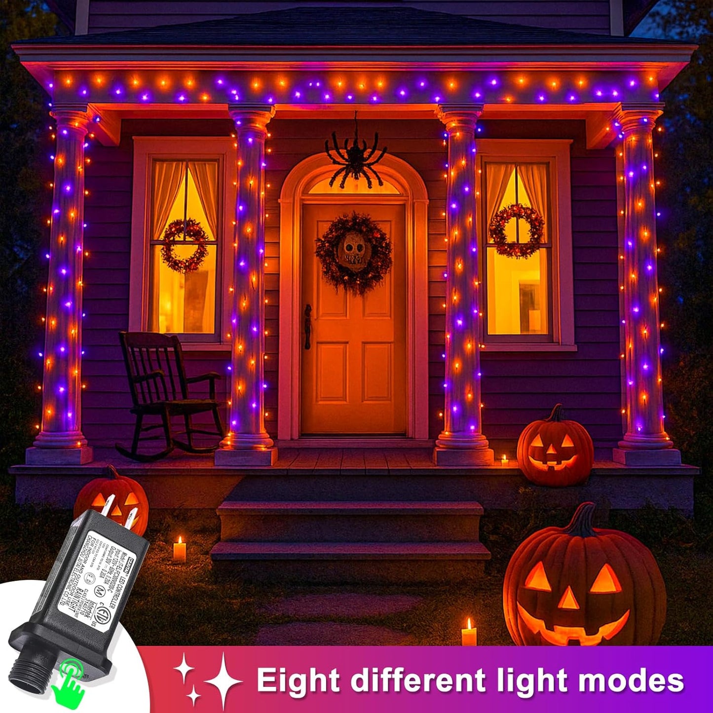 600 LED Halloween String Lights Outdoor, 197 FT Halloween Lights Outdoor Clear Wire with 8 Modes, Plug in Waterproof Christmas Light for Tree Party Christmas Thanksgiving Decorations, Purple&Orange