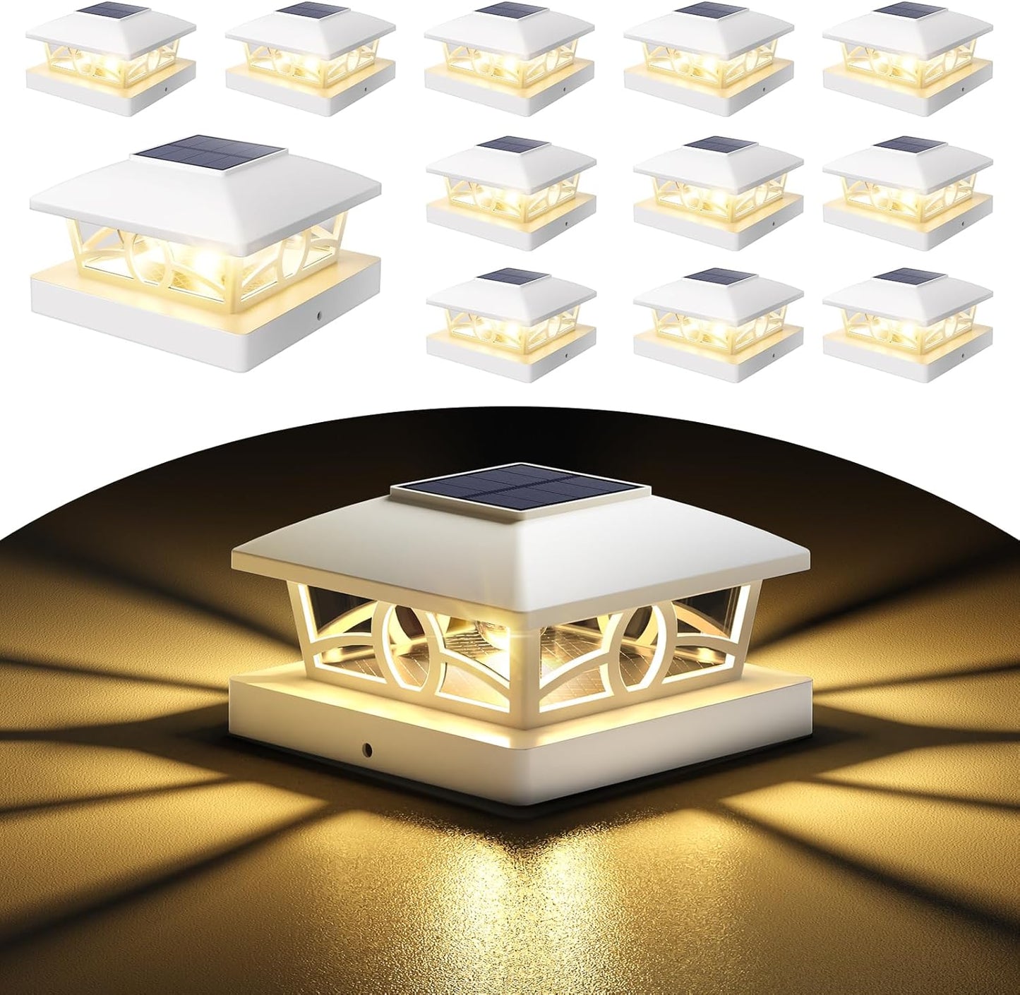 NIORSUN Solar Post Lights Outdoor, Fence Post Solar Lights Warm White Outdoor Waterproof Edison LED Bulbs Garden Patio Fence Deck Decor, Post Cap Lights 4x4 5x5 Wood Vinyl, White 12 Pack